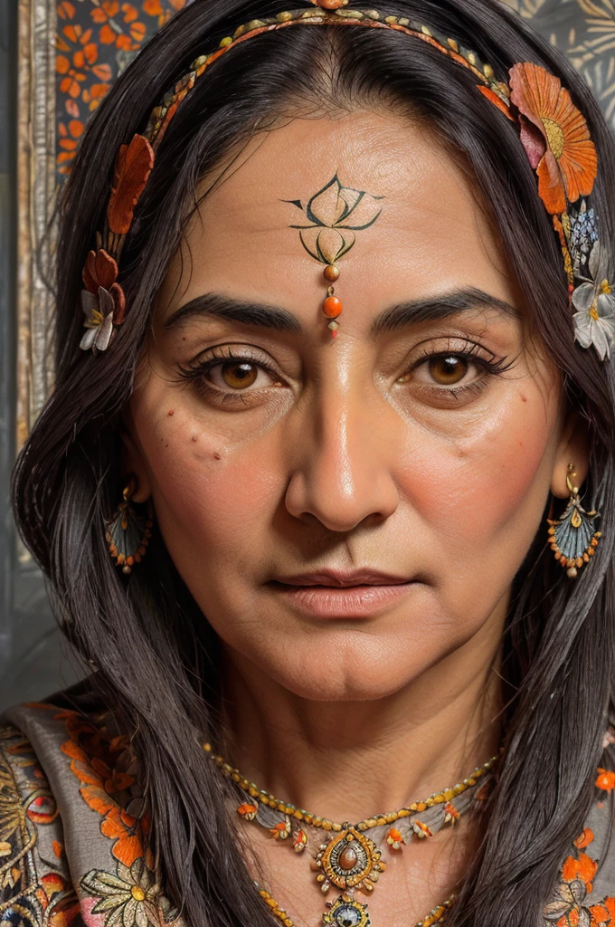 Persian Qajar period woman , ((50 years old)) , heavy wrinkle on face , (gray and dark hair) , Bright dark face , ((detailed face)) , Rembrandt light , in traditional Orange dress , fish pattern on dress , ((background contains painting of birds, floral frame )), ((perfect rectangular frame))