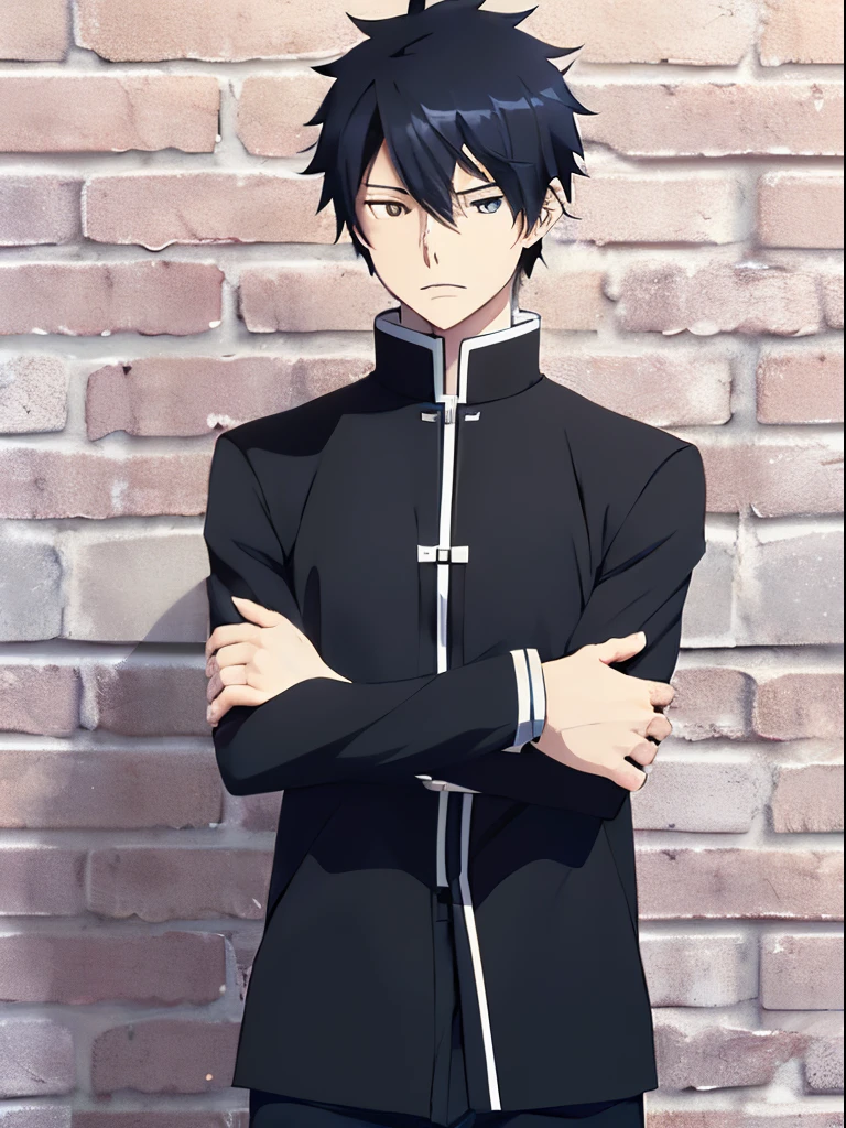 Anime boy leaning against a brick wall with his arms crossed, Young anime man, Anime handsome, handsome anime pose, handsome male，black short hair, Male anime character, anime portrait of a handsome man, Men's Anime Style, Anime boy, boy has short black hair, as an anime character, Tall anime guy with blue eyes, anime moe artstyle