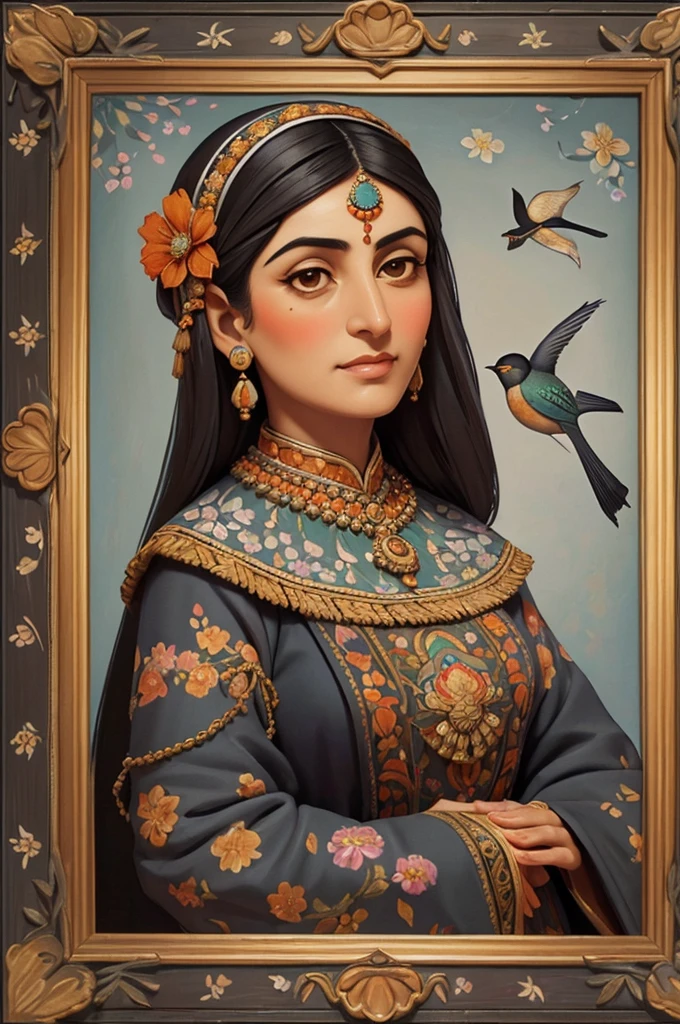 Persian Qajar period woman , ((50 years old)) , heavy wrinkle on face , (gray and dark hair) , Bright dark face , ((detailed face)) , Rembrandt light , in traditional Orange dress , fish pattern on dress , ((background contains painting of birds, floral frame )), ((perfect rectangular frame))