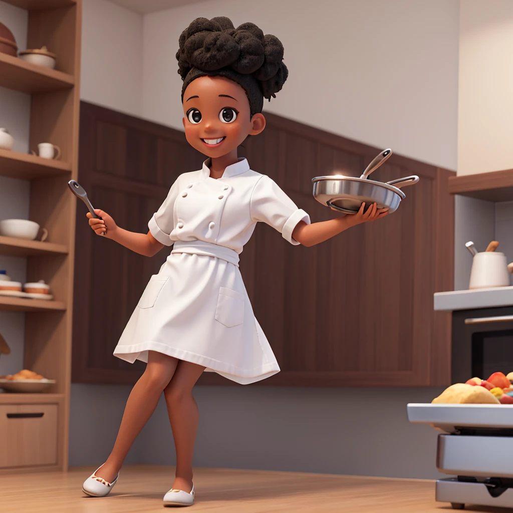 Create a chef black girl smiling in white clothes with a pan in her hand 3d white background
