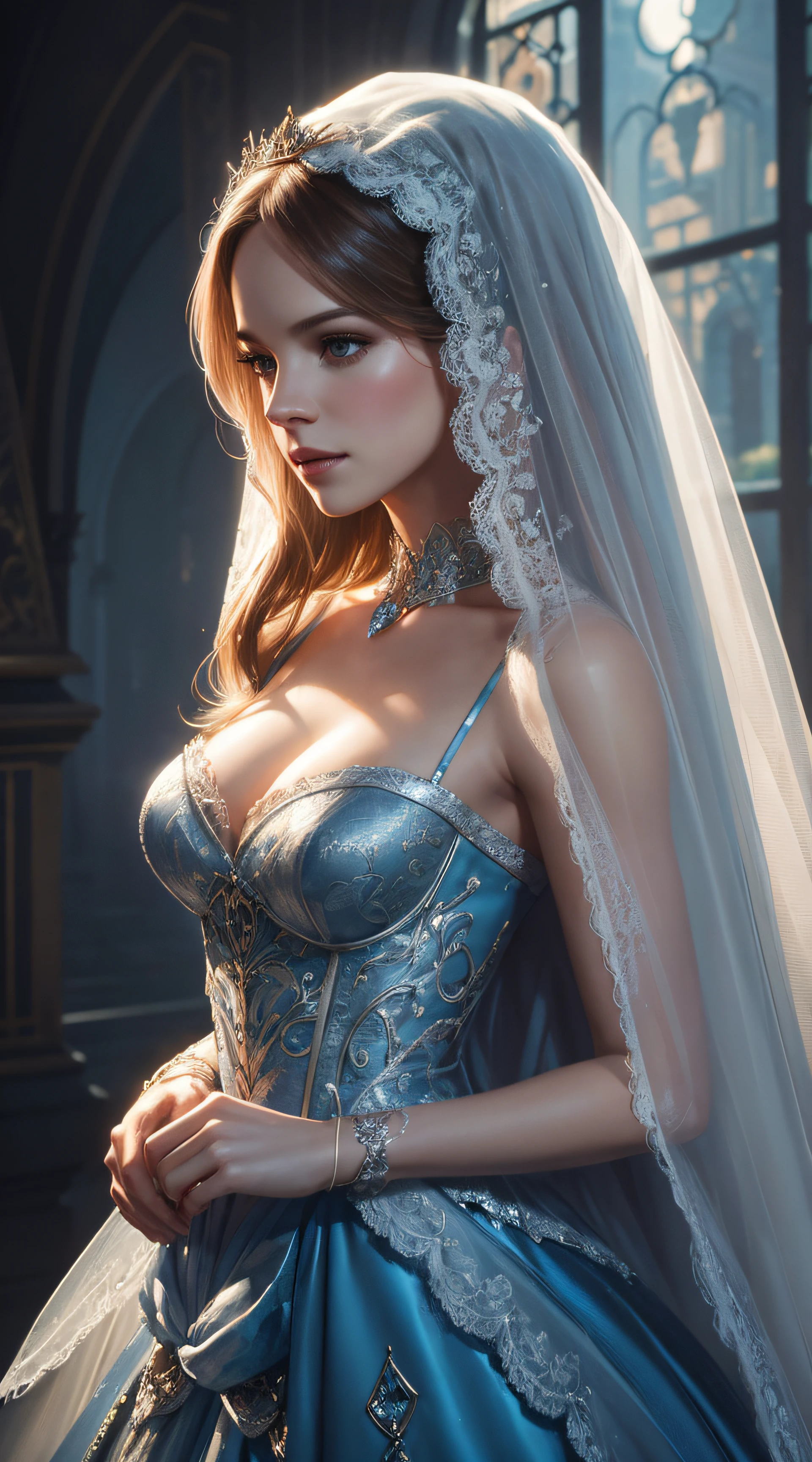 Danielle Panabaker, veil bride cinderella sexy clothes, character portrait, 4 9 9 0 s, long hair, intricate, elegant, highly detailed, digital painting, artstation, concept art, smooth, sharp focus, illustration, art by wlop, charlie bowater and alexandra fomina