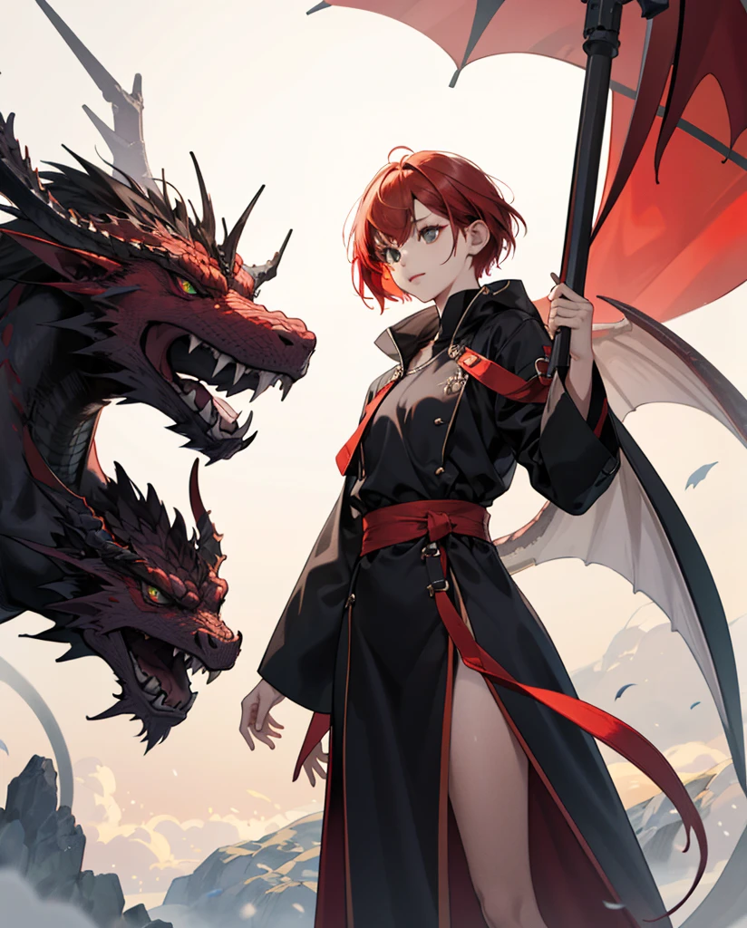 girl with short red hair standing in front of a rising dragon