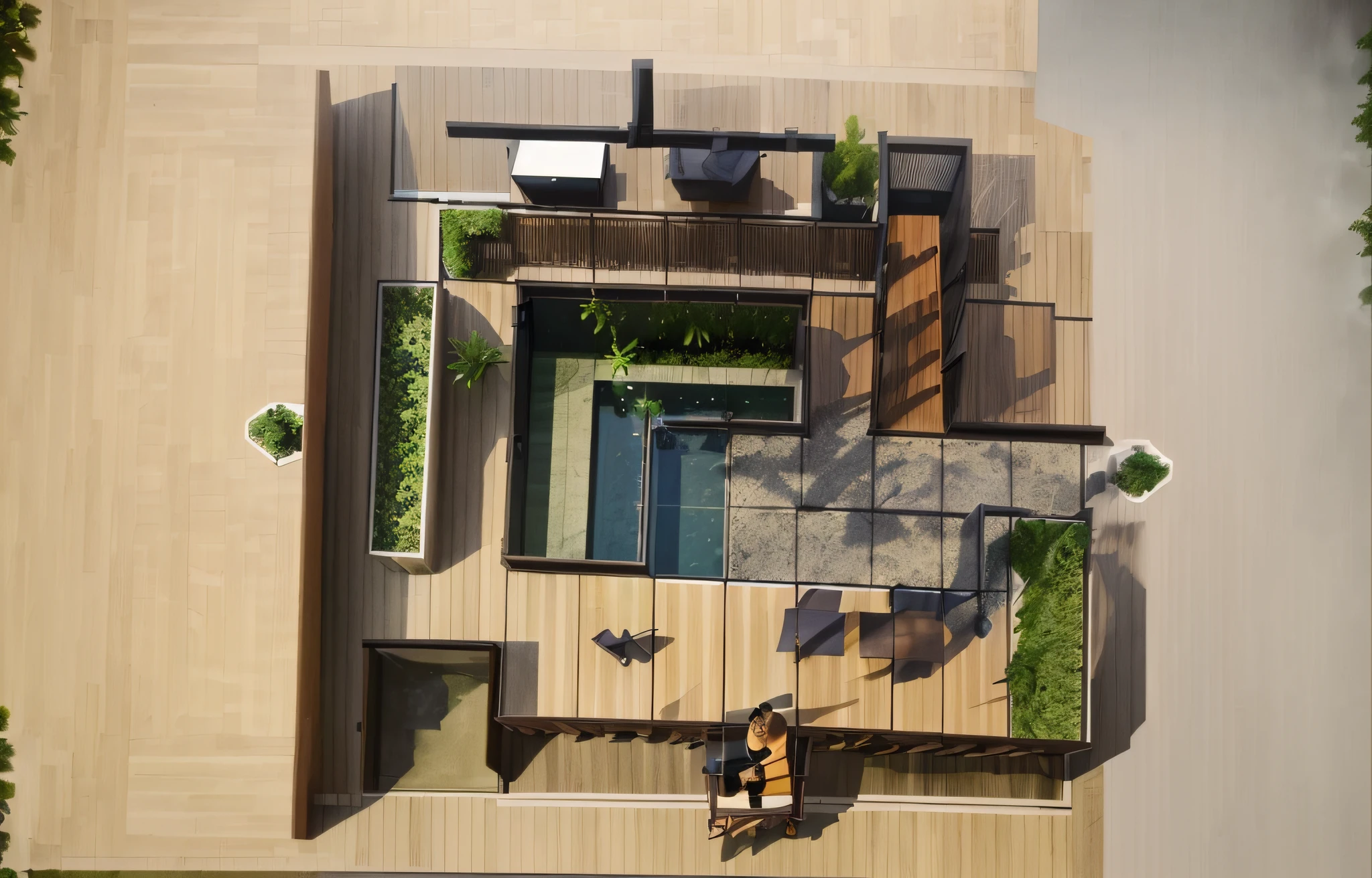 Landscape architectural design, ((courtyard)), ((Wood-benches)), L-shape pool, ((planter)), medium shrubs, small shrubs, large trees, medium trees, architectural residential building