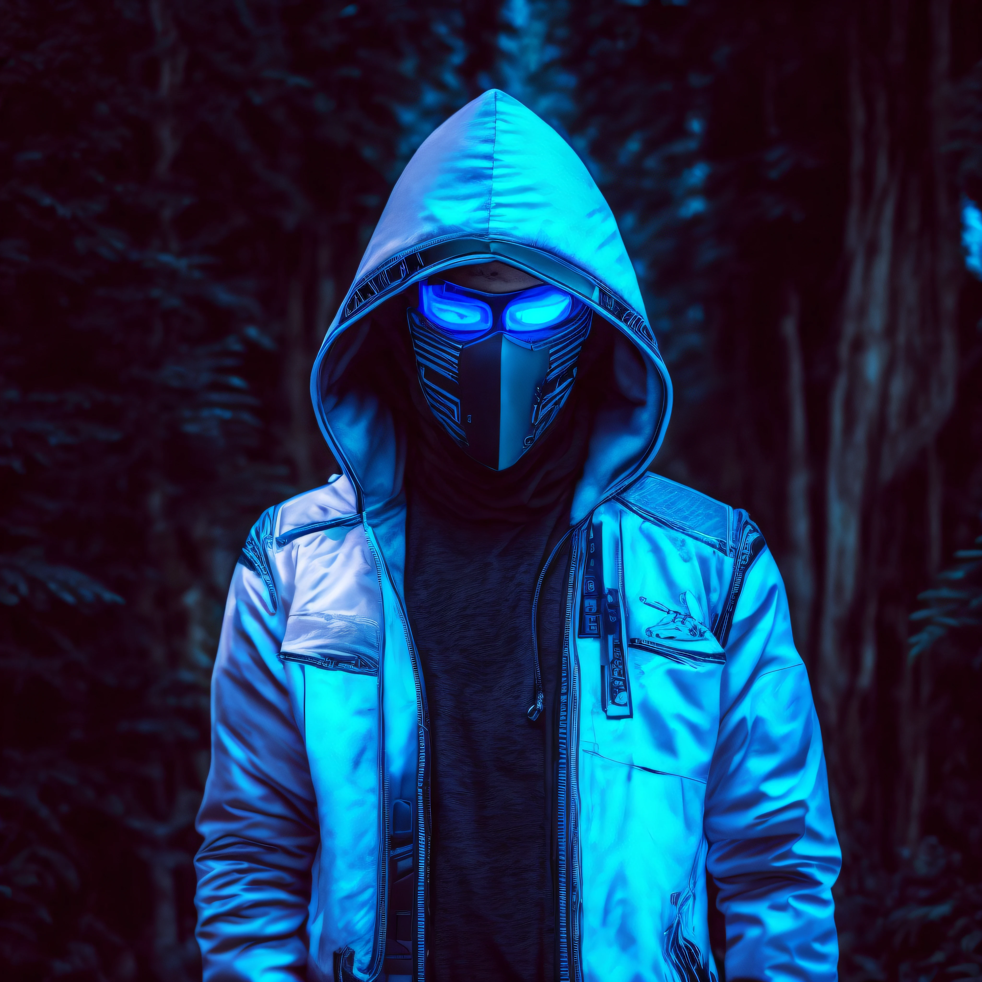 homem arafiado com uma jaqueta roxa e azul e moletom com capuz, hacker cyberpunk, Holograma Sci - Capuz FI, Cyberpunk Rua Goon, cara cyberpunk, personagem cyberpunk, assassino cyberpunk, cyber noir, no estilo cyberpunk, cyberpunk vestindo, vibe cyberpunk, tem estilo cyberpunk, brilho cyberpunk brilhante, Retrato de um homem cyberpunk, Techwear Cyberpunk, estilo cyberpunk neon, cross arms