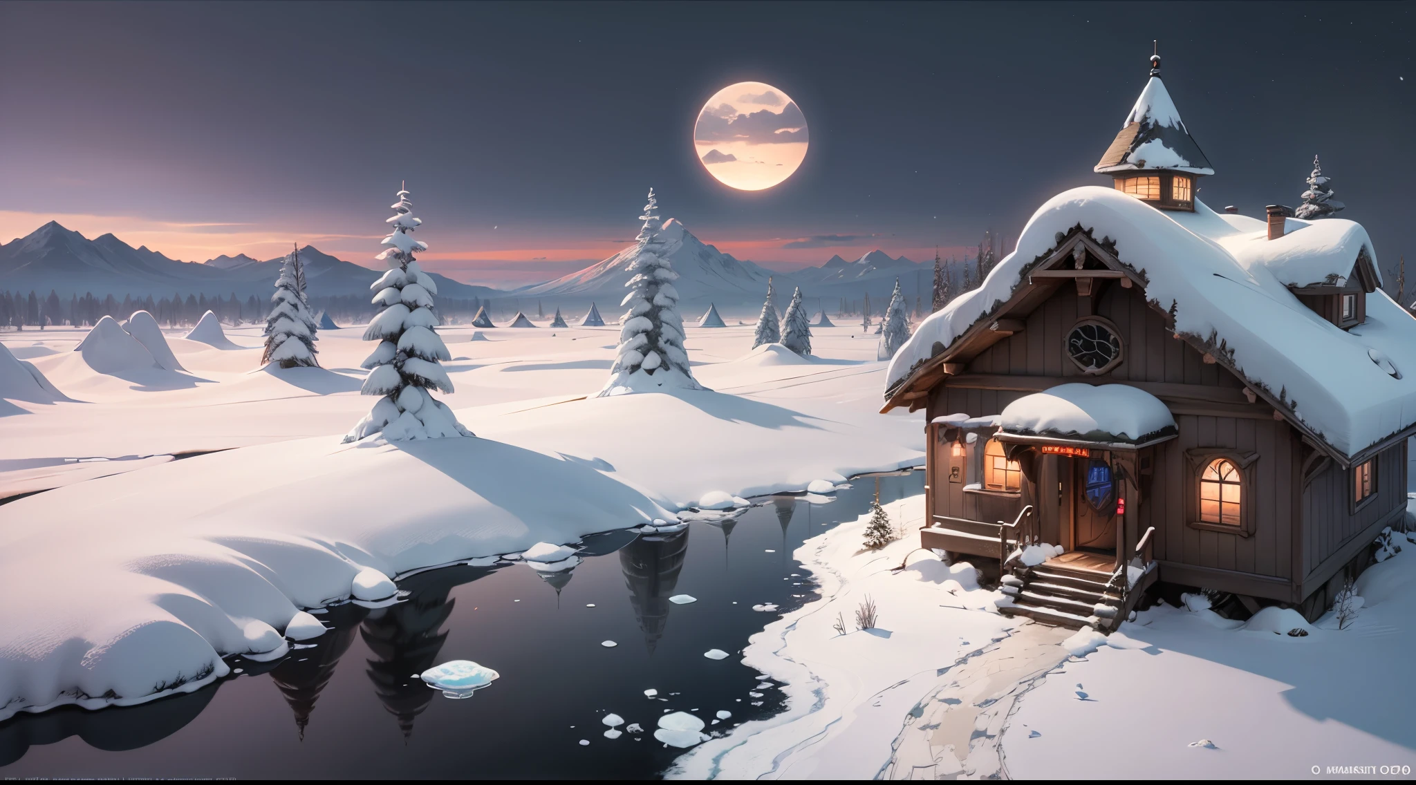 Helicopter aerial photography perspective,Ice World,(Cogumelos:1.3),(mushroom house:1.4),Oyuki,(snow cover:1.4),the setting sun,eventide,flowers in full bloom,a plant,Overclocked renderer,high high quality,16K resolution,(Best quality at best),(tmasterpiece),ultra - detailed,detailed detail,Accurate