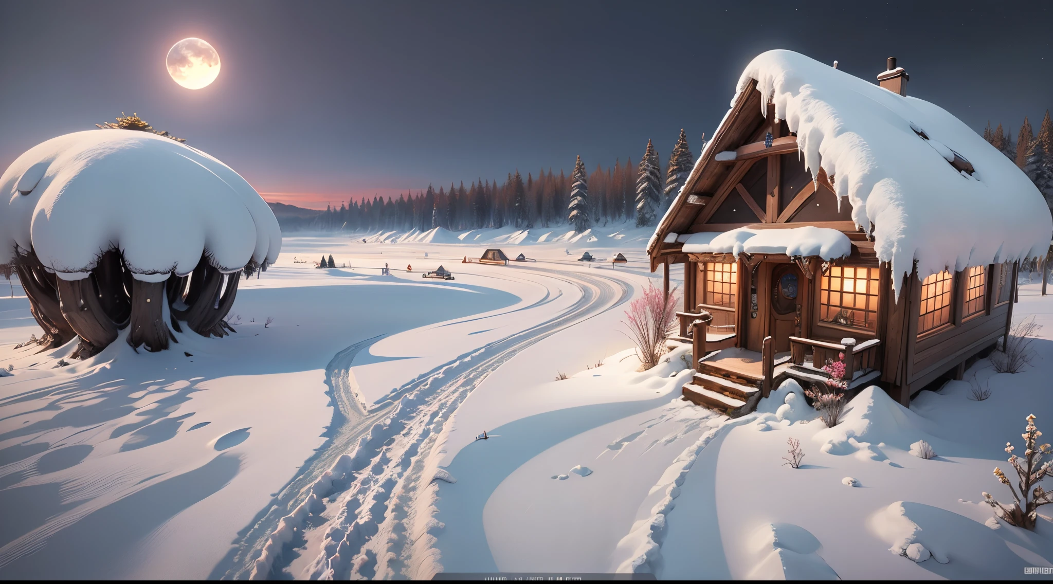 Helicopter aerial photography perspective,Ice World,(Cogumelos:1.3),(mushroom house:1.4),Oyuki,(snow cover:1.4),the setting sun,eventide,flowers in full bloom,a plant,Overclocked renderer,high high quality,16K resolution,(Best quality at best),(tmasterpiece),ultra - detailed,detailed detail,Accurate