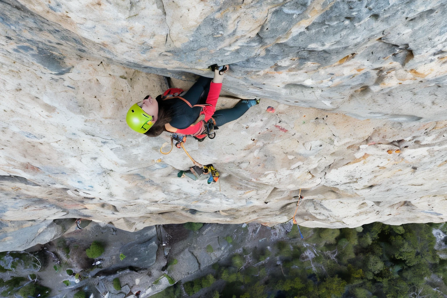 ((high-angle shot of a female rock climber climbing up a rock face)), (viewed from above), dramatic perspective, vertical composition, dynamic viewpoint, wide field of view, intense focus, rock climbing equipment visible, rugged rock surface, dynamic pose, safety harness attached, natural daylight lighting effect, high contrast shadows, realistic photography style, (action shot), captivating visual content, detailed rock texture, focused expression, professional photography quality, vivid color scheme, detailed foreground, contextual background, (high quality:1.3),(best quality:1.3), official wallpaper,4k,(epic:1.2), detailed faces, (detailed scenery:1.08),(intricate scenery:1.07),[perfect eyes:0.8],[perfect skin:0.8],[detailed face:0.8],[detailed eyes:0.8],[detailed hair:0.9],[detailed lips:0.8], (Kate Beckinsale:0.5, Jennifer Love Hewitt:0.5), realistic climbing equipment, climbing rope, miranda meeks, climber, by Meredith Dillman, by Gwen Barnard, aubrey powell, by Scott M. Fischer, alana fletcher, by Alison Watt, hanging, adi meyers, alex boyd, by Lindsay Bartholomew, 1/30, by Linda Sutton, Perfect Hands, by Tim Banfield
