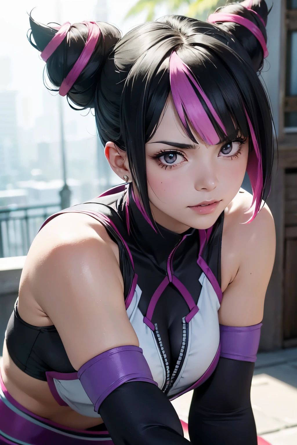 Juri Han, street fighter(master part, best quality, ultra-detalhado, Melhor sombra), (Antecedentes detalhados, Olhando para o Viewer, Serious, irritado), Rosto detalhado, (best ilumination), ((Cinematic light)), colorido, hiper detalhe, dramatic light, detalhes intrincados