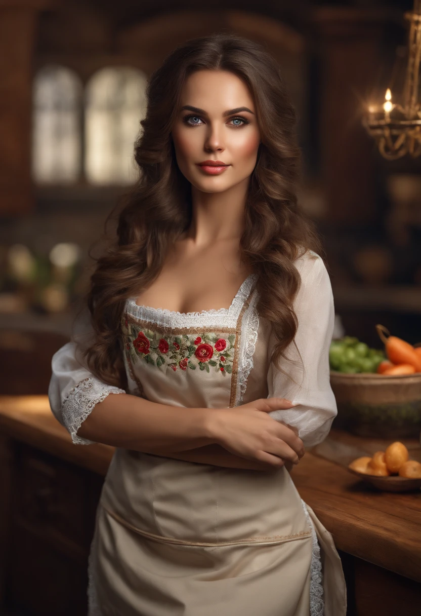 ute beautiful brunette, Dressed in the Romanian, flagfull body, perfect angle, very detailed, 32 years old, wearing a long chef's apron, flirty face, messy long hair, green eyes, high-res, masterpiece, best quality ,intricate details, highly detailed, sharp focus, detailed skin, realistic skin texture, texture, detailed eyes, professional, 4k, smile, shot on Canon, 85mm,shallow depth of field, kodak vision color, eyeshadow, extremely detailed, photo_\(ultra\), photorealistic, realistic, post-processing, max detail, roughness, real life, ultra realistic, photorealism, photography, 8k uhd, photography, pokies