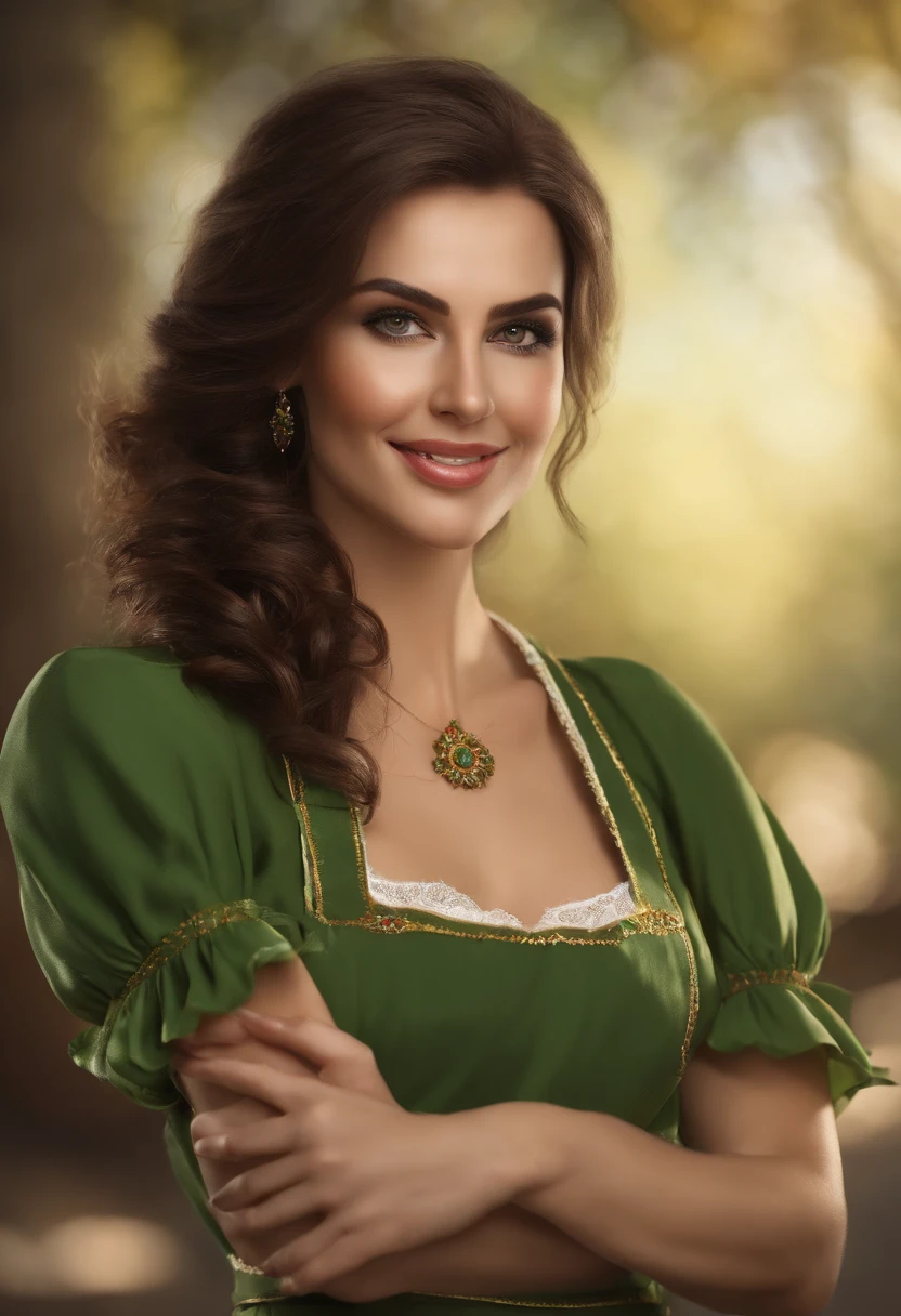 ute beautiful brunette, Dressed in the Romanian, flagfull body, perfect angle, very detailed, 32 years old, wearing a long chef's apron, flirty face, messy long hair, green eyes, high-res, masterpiece, best quality ,intricate details, highly detailed, sharp focus, detailed skin, realistic skin texture, texture, detailed eyes, professional, 4k, smile, shot on Canon, 85mm,shallow depth of field, kodak vision color, eyeshadow, extremely detailed, photo_\(ultra\), photorealistic, realistic, post-processing, max detail, roughness, real life, ultra realistic, photorealism, photography, 8k uhd, photography, pokies