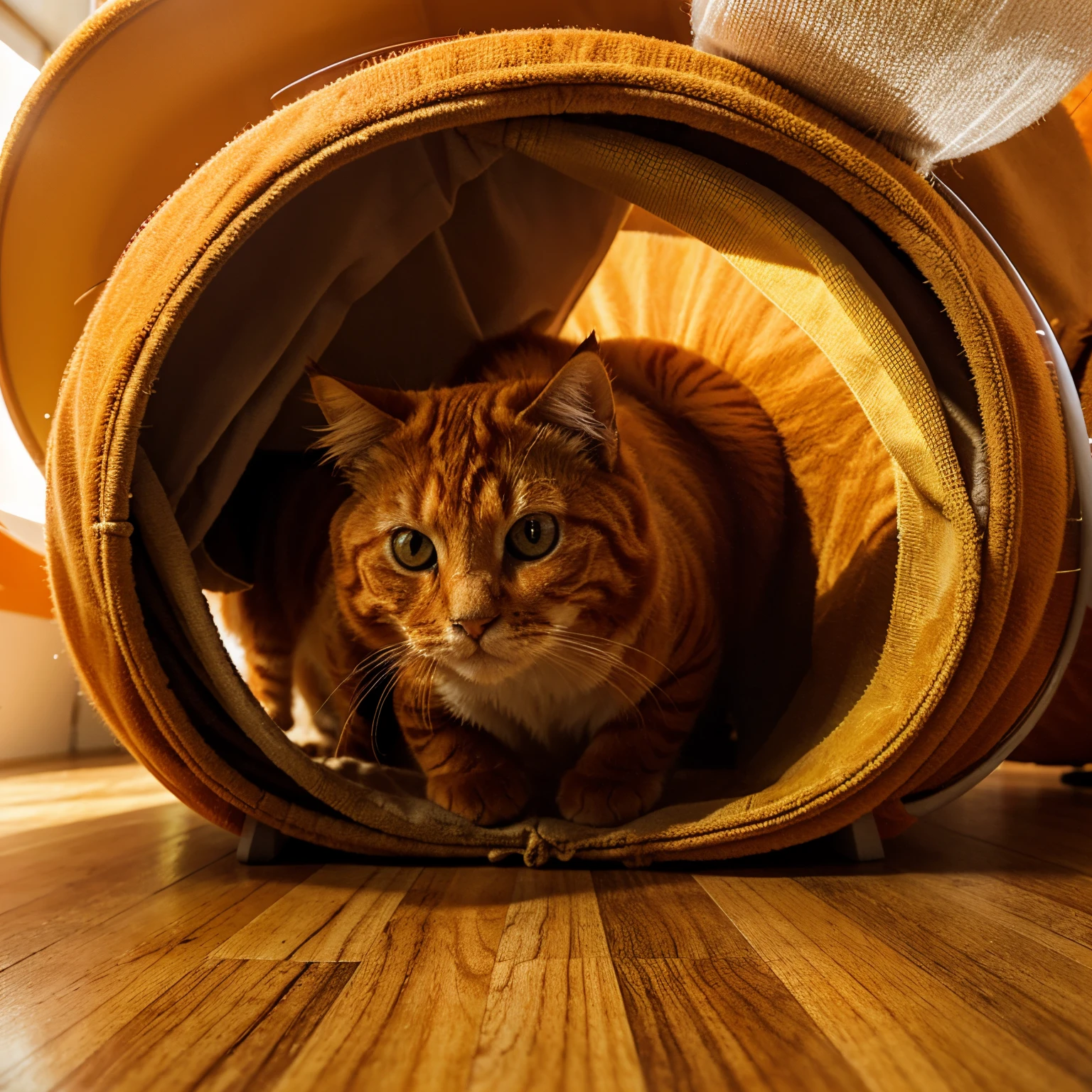 3/4th perspective of fluffy orange cat cocking its head to the side playfully look at a bubble