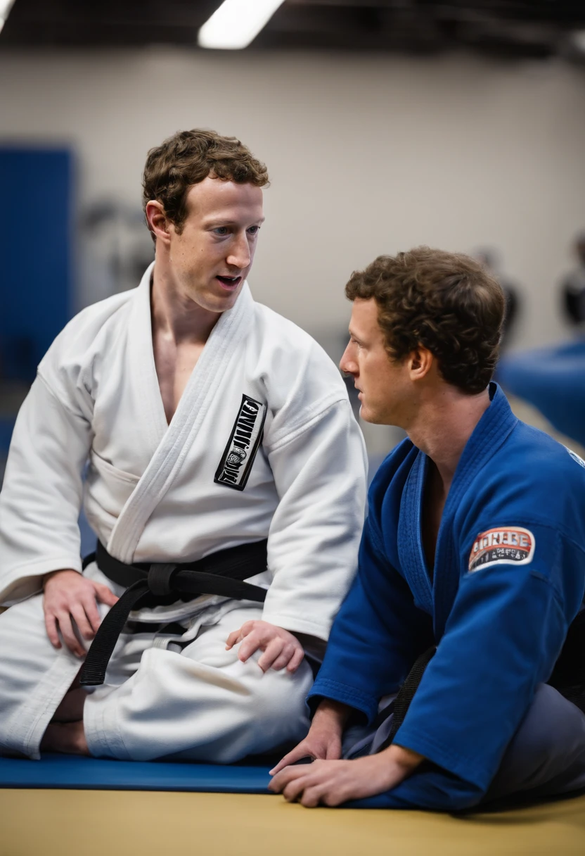 A photo of Mark Zuckerberg at a Jiu-Jitsu dojo, wearing a gi and practicing ground techniques with a training partner.,original,Zuckerberg maintains a notably consistent personal style, famously known for his simple gray t-shirts and hoodies, which reflect his utilitarian approach to life and work. He has a youthful, clean-cut look with short, curly hair and typically wears jeans or casual trousers, projecting an image of approachability that aligns with the casual culture of Silicon Valley., male