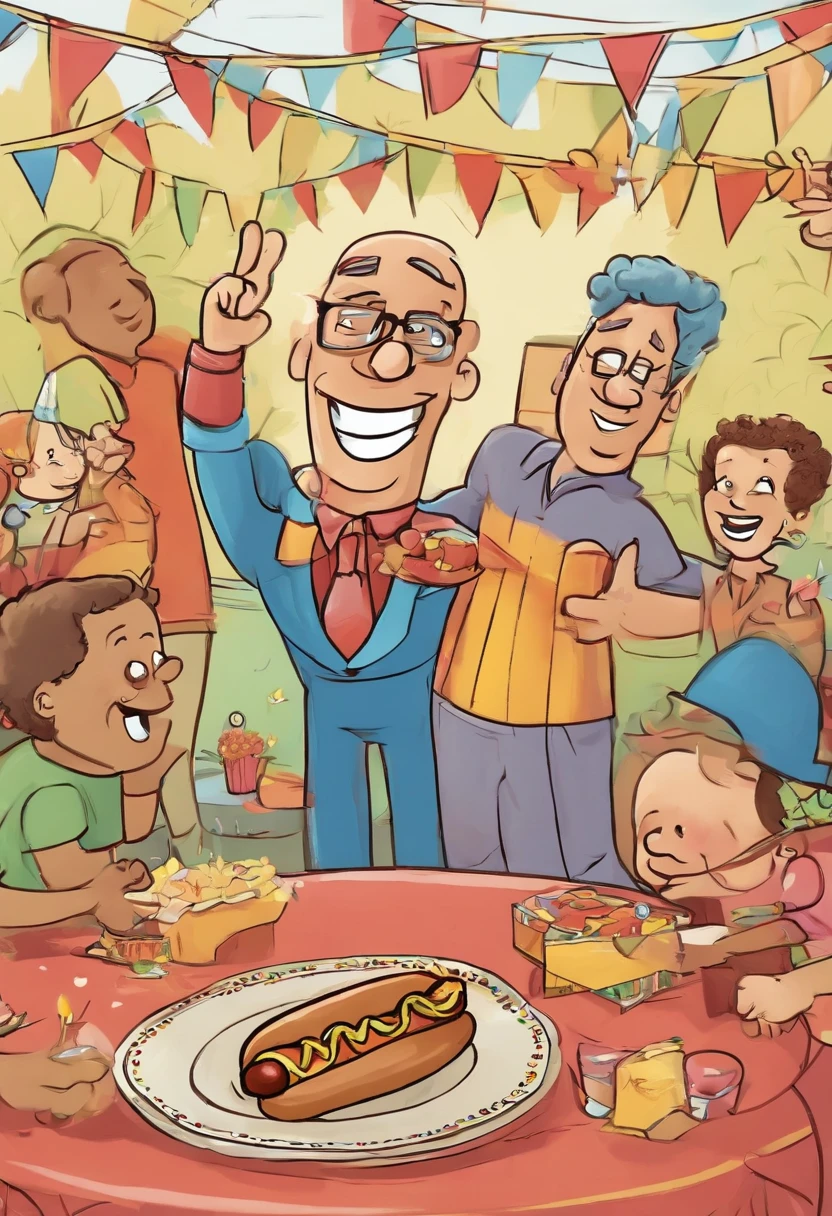 Hotdogfingers trying to break a piñata with his hot dog fingers at a birthday party,original,He’s a middle aged man who is balding but the star of the show is that his fingers are hot dogs , male