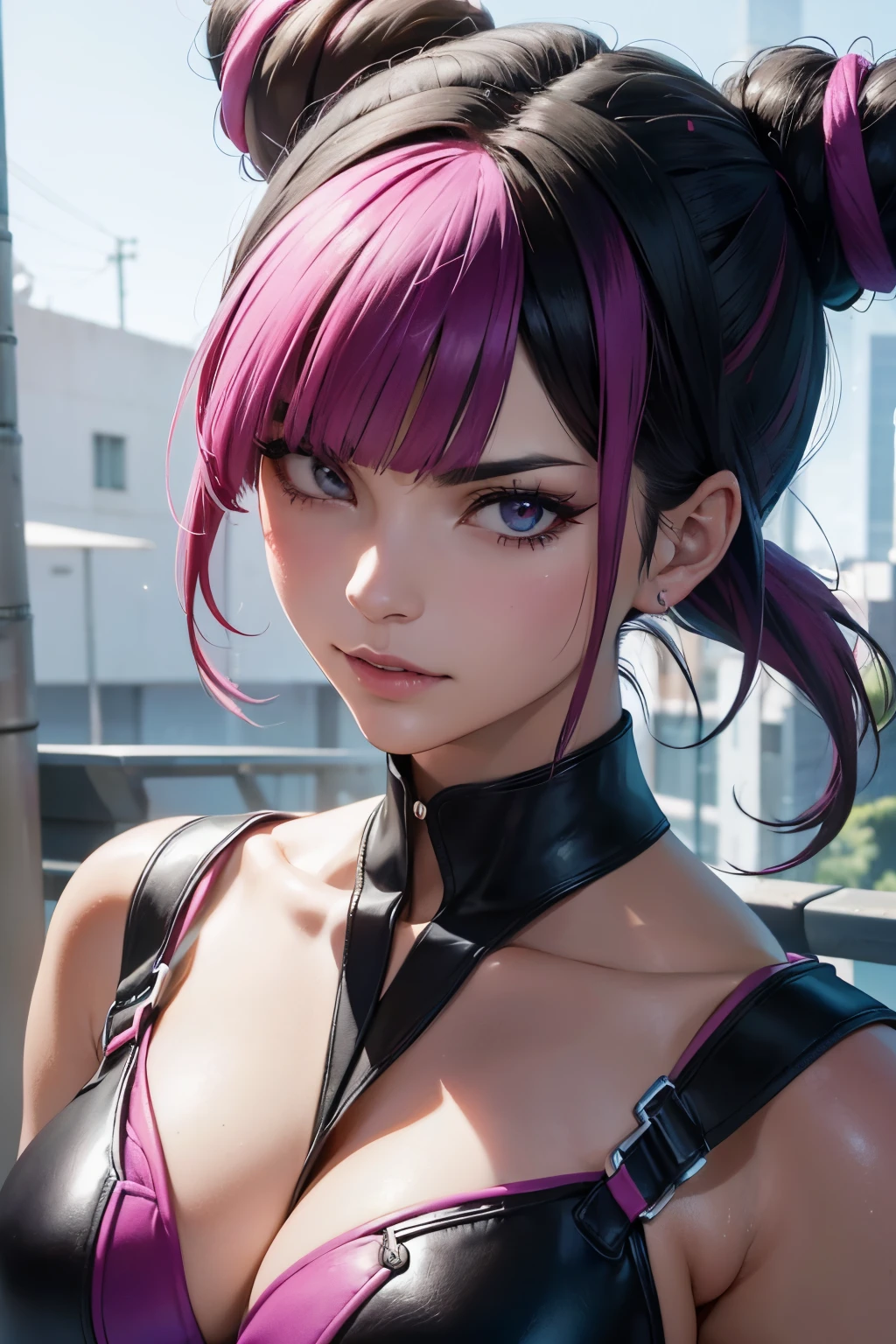 Juri Han, street fighter(master part, best quality, ultra-detalhado, Melhor sombra), (Antecedentes detalhados, Olhando para o Viewer, Serious, irritado), Rosto detalhado, (best ilumination), ((Cinematic light)), colorido, hiper detalhe, dramatic light, detalhes intrincados