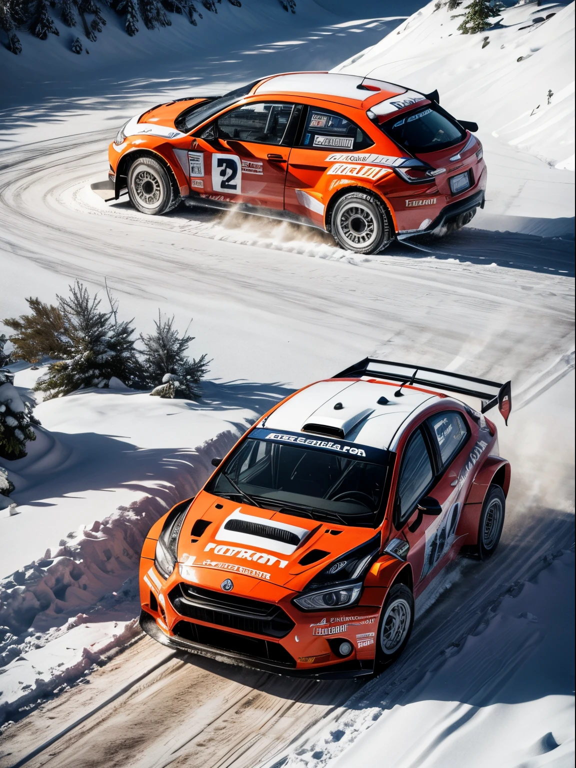 rally cars covered with thick snow