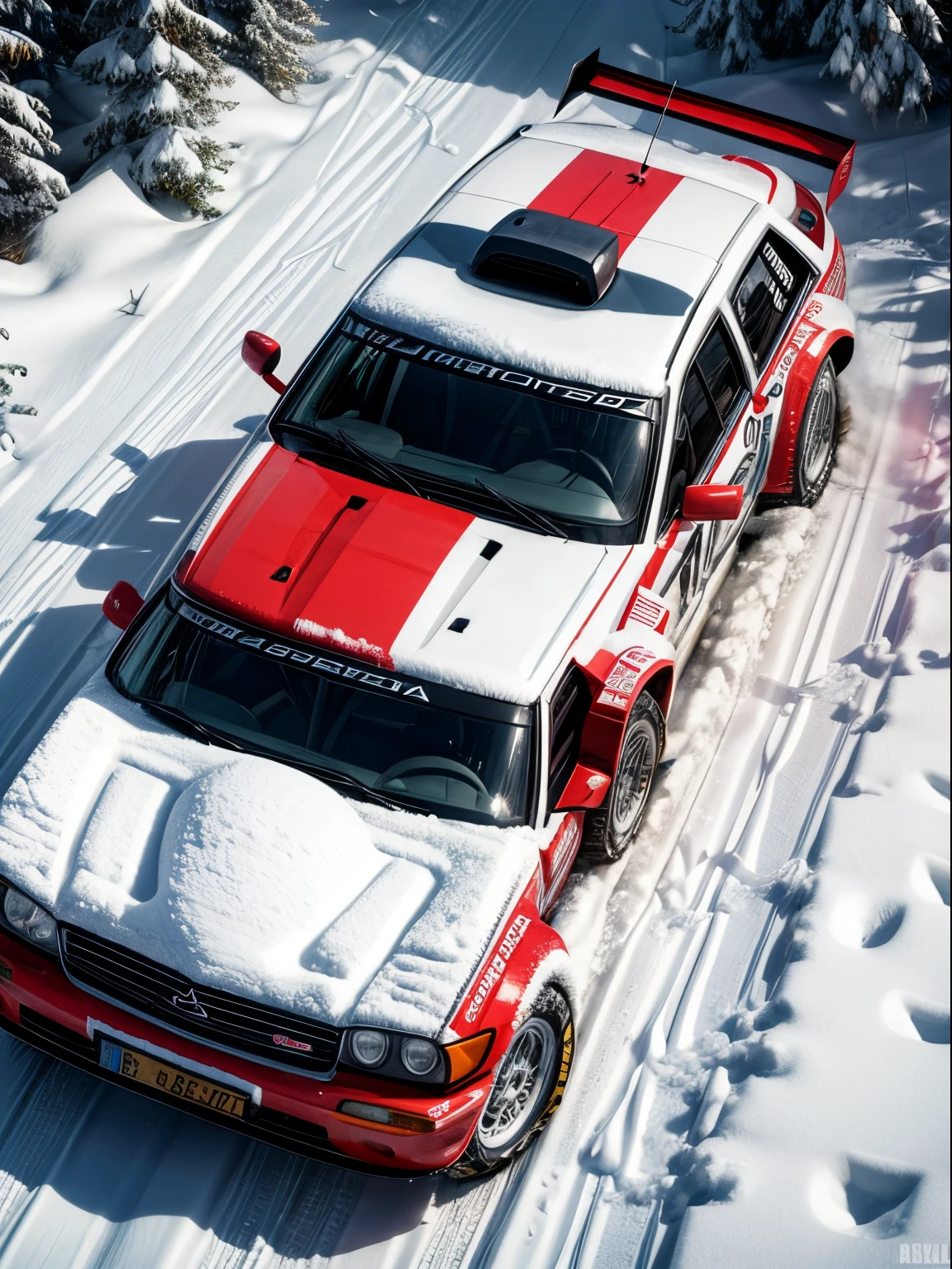 rally cars covered with thick snow, top view shot