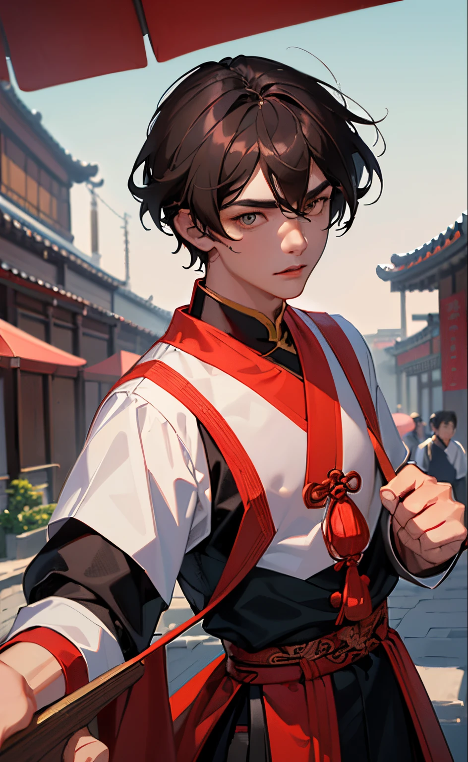 ((Best quality)), ((tmasterpiece)), (Detailed pubic hair), is a perfect face, 1 boy, Suzhou ancient town background,Alone, Handsome, Black and white red Hanfu, brunette color hair, looking at viewert, sporty attire, talking to viewer, Chinese clothing style,Star Yang Yang