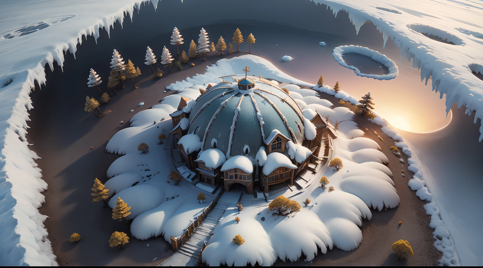 Aerial viewing angle,Ice World,(Cogumelos:1.3),(mushroom house:1.4),Oyuki,(snow cover:1.4),the setting sun,eventide,flowers blooming,a plant,Overclocked renderer,high high quality,16K resolution,(Best quality),(tmasterpiece),ultra - detailed,Detailed details,Accurate