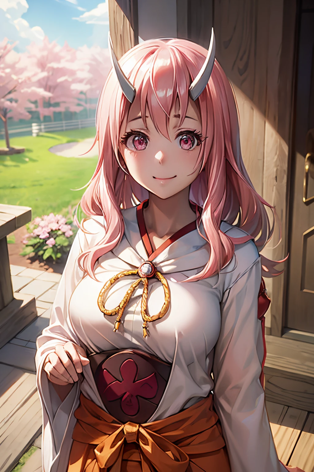 masuter piece, Best Quality, 超A high resolution, top-quality, Anime style, The best lighting, Beautiful face, tensura, Shuna, 2 white horns, shrine maiden clothe, A pink-haired, length hair, Outstanding smile, Look into your audience