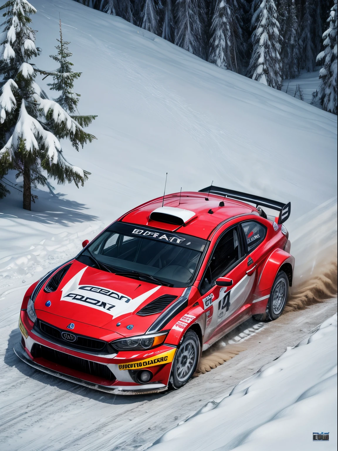 rally cars covered with thick snow, top view shot