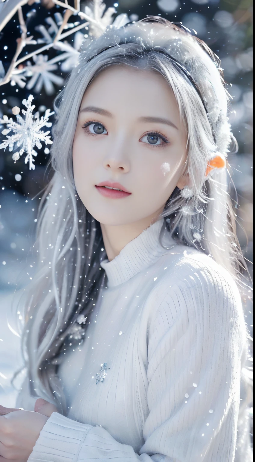(multiple contacts:1.5),(tmasterpiece，8K,Best quality,A high resolution,ultra - detailed,ultra-realistic realism),(Big snowflakes:1.4),The white,A world covered in silver, branches covered with snow, cold winter touch, Snowflakes dance like elves, Turn the world into a silver fairy tale, Cold, Peaceful and beautiful snow scene, Comfortable and calm