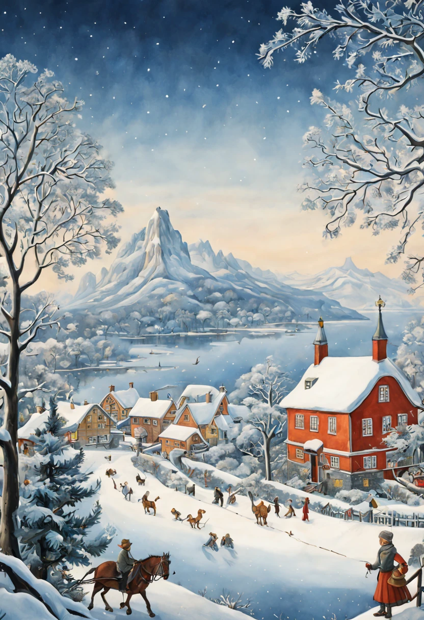 by Elsa Beskow, winter, intricate, (best quality, masterpiece, Representative work, official art, Professional, unity 8k wallpaper:1.3)