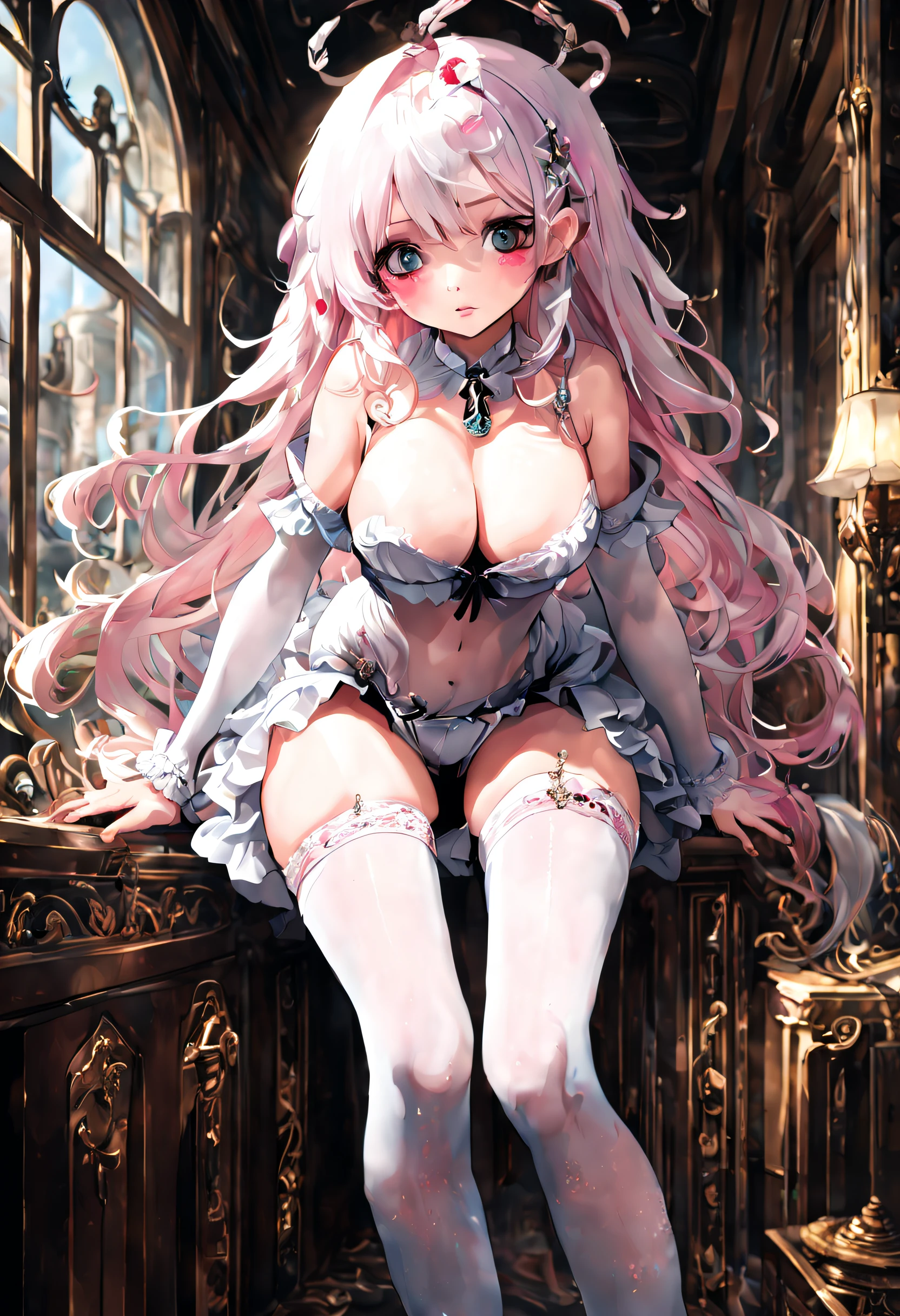 (Best quality at best,8K,CG,詳細な目,perfect  eyes,Correct fingers,Correct thighs,no extra finger,No extra legs),cute female child,Large breasts,White skin of the,Young face,pink eyeball,White hair,great person,Extra-long beautiful legs,White stockings,tmasterpiece