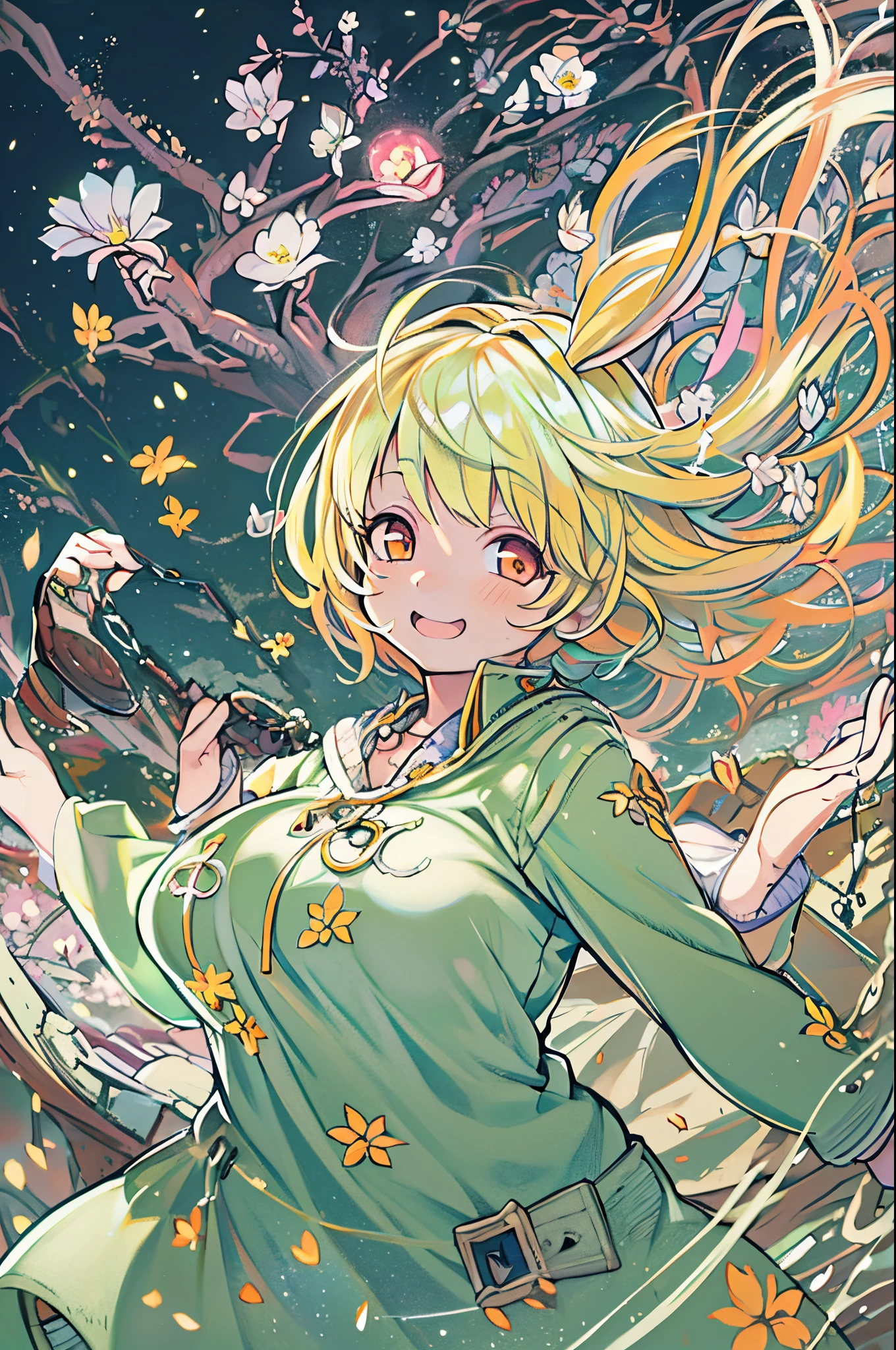 (Best Quality, masutepiece), 1girl in, Pose, Particle, Wind, flower, Upper body, Simple background, Looking at Viewer, Blonde, Galaxy,