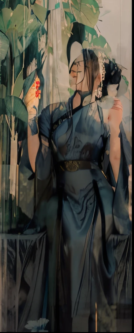 Ancient Chinese beauty sitting on stone, wearing ancient Chinese costume, flowing blue tulle, light silk, lazy pose, large lotus leaves, lotus flowers, ink painting style, clean colors, decisive cutting, white space, freehand, masterpiece, super detailed, epic composition, high quality, highest quality, 4k --v 6