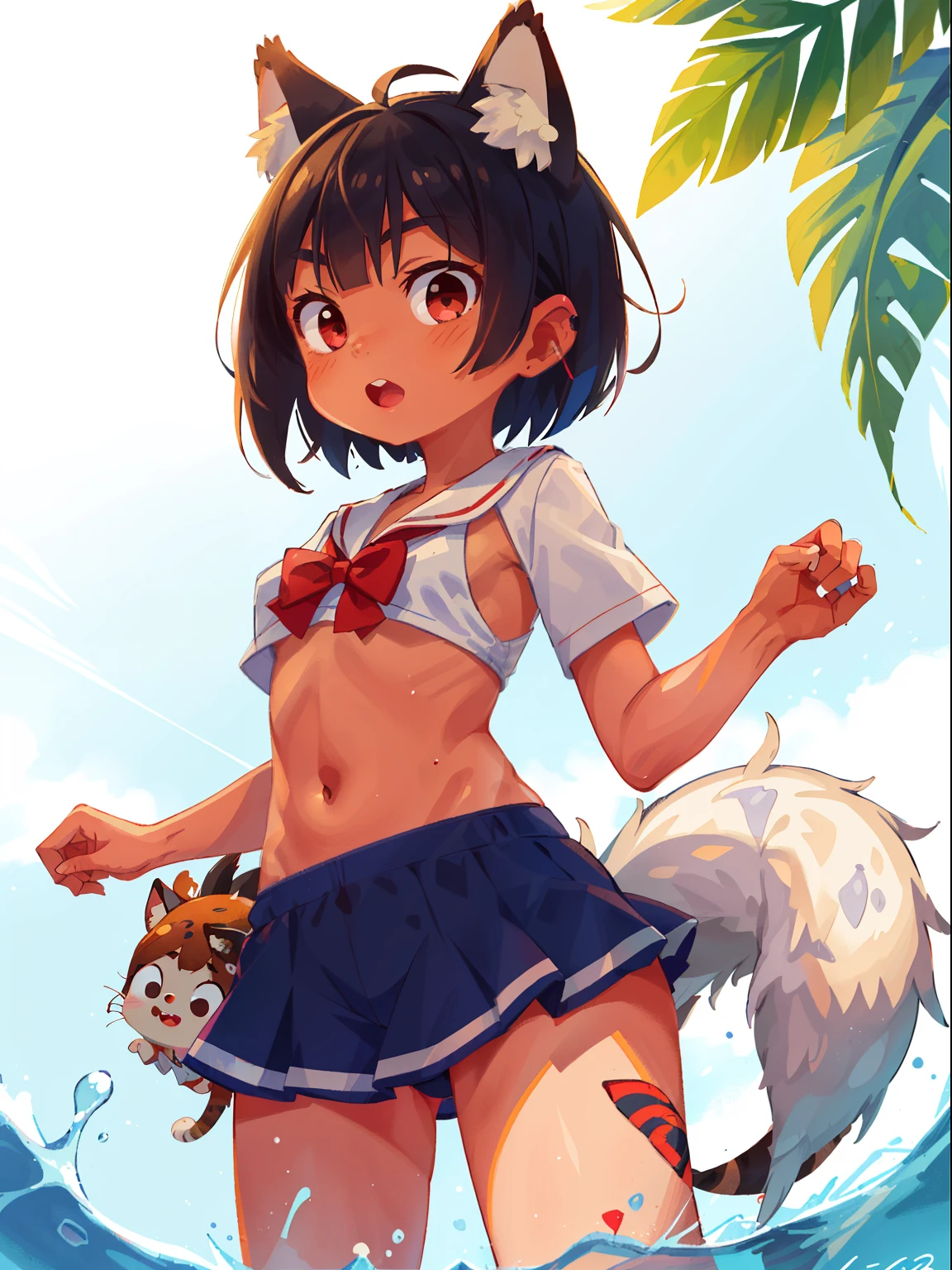 (Best Quality), (masutepiece), (super detailed), 1girl, MESUGAKI, Sharp Focus, eyesgod, brown_Eyes, up looking_viewer, Solo, Furry, animal_ear, Upface, tail, Naked stomach, underboob, From below, Navy blue hair, White ears, Purplish red eyes, Thick eyebrows, Baby face, girl, double teeth, short cut hair, swim suit, white bikini, school pool side, water splash, swet, wet skin, thighs, dark brown skin, suntan lines