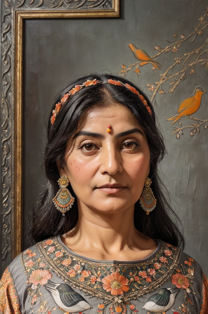 (front view)Persian Qajar period woman , ((50 years old)) , heavy wrinkle on face , (gray and dark hair) , Bright dark face , ((detailed face)) , Rembrandt light , in traditional Orange dress , fish pattern on dress , ((background contains painting of birds, floral frame )), ((perfect rectangular frame))