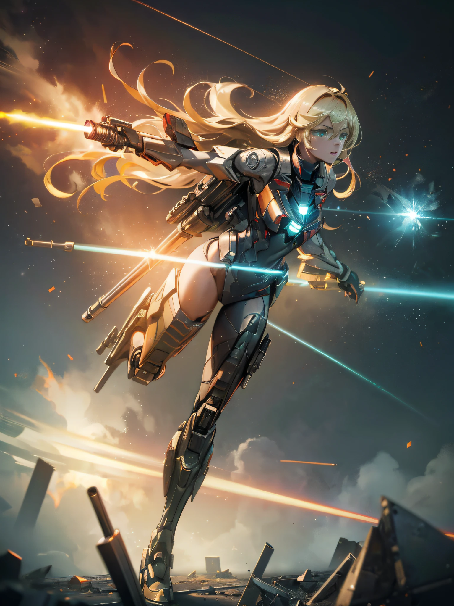 a girl running and shooting a rail gun, smoke, explosion, debris, (battlefield:1.4), (running:1.4), (shooting:1.4), (Rail gun:1.4), (Thick Body:1.4), (Long Blond Hair:1.4), Green Eyes, HDR (High Dynamic Range), Ray Tracing, NVIDIA RTX, Super-Resolution, Unreal 5, Subsurface Scattering, PBR Texturing, Post-Processing, Anisotropic Filtering, Depth-Of-Field ,Maximum Clarity And Sharpness, Multi-Layered Textures, Albedo And Specular Maps, Surface Shading, Accurate Simulation Of Light-Material Interaction, Octane Render, Two-Tone Lighting, Low ISO, White Balance, Rule Of Thirds, Wide Aperture, 8K RAW, Efficient Sub-Pixel, Sub-Pixel Convolution, (Luminescent Particles:1.4), {{Masterpiece, Best Quality, Extremely Detailed CG, Unity 8k Wallpaper, 3D, Cinematic Lighting, Lens Flare}},