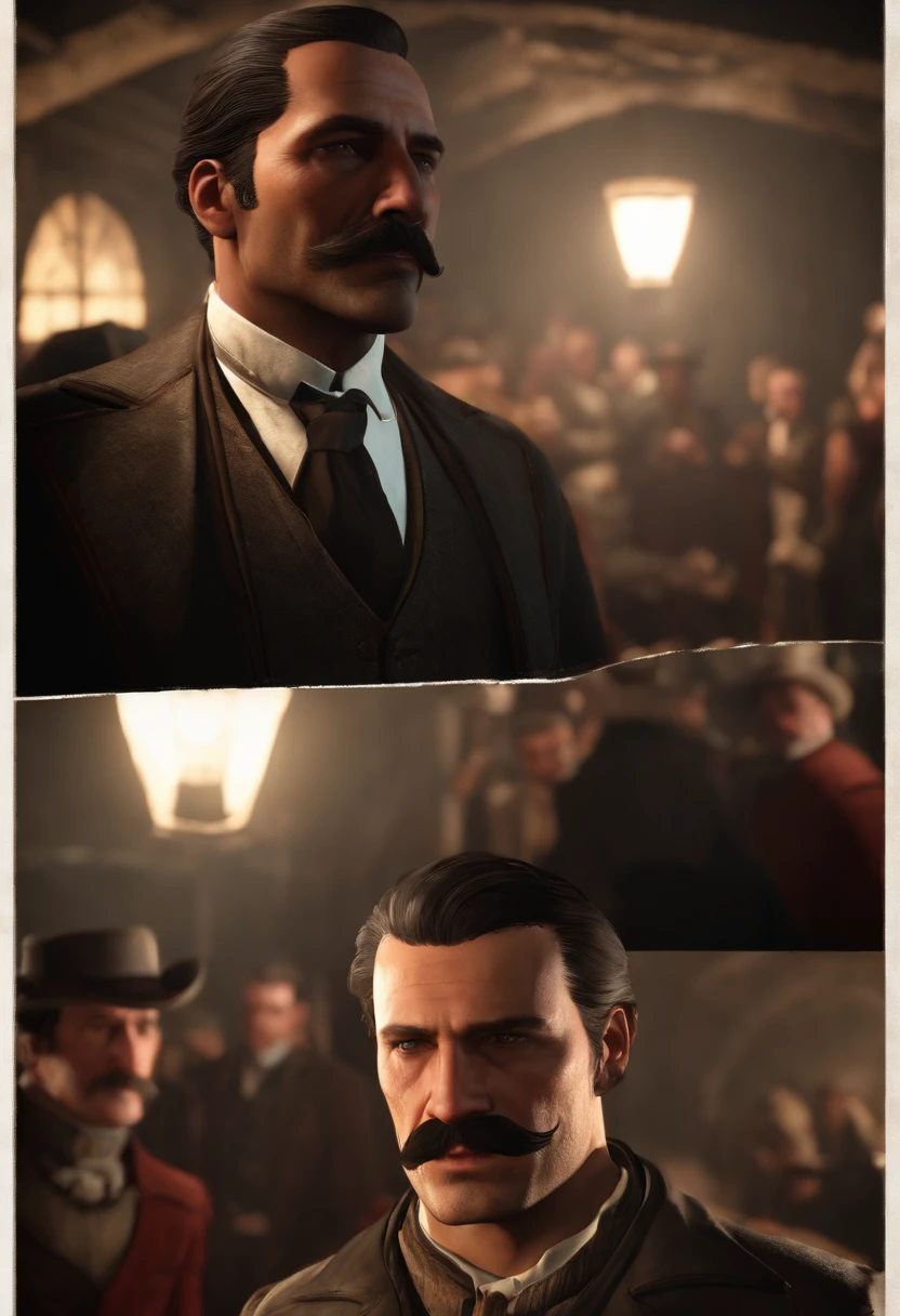 A picture of Dutch addressing a crowd of people in a dimly lit underground bunker.,Red Dead Redemption 2,Well groomed man in late forties early fifties. Oily black hair which is swept back, neatly trimmed black moustache with patch of beard on his chin. Favours a black pork pie fedora hat., male