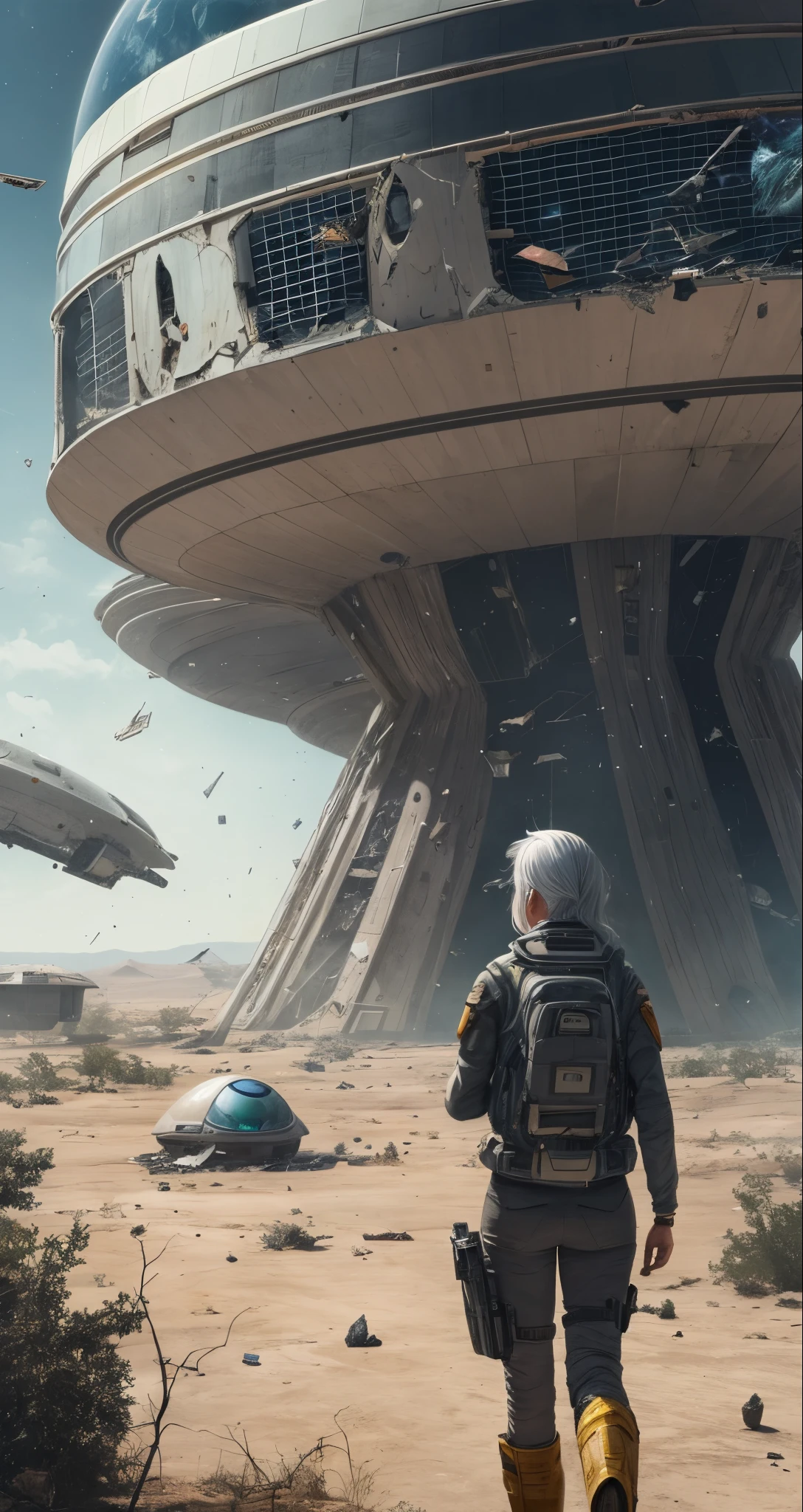 A woman with silver hair, on a deserted planet, Next to it is a ruined butterfly spacecraft that has just landed., Spaceship debris scattered, --auto --s2