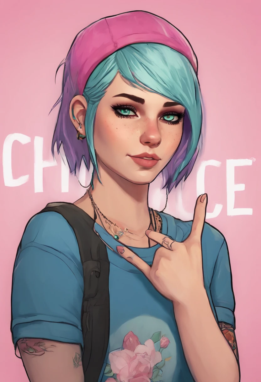 Chloe impulsively getting a new daring tattoo, throwing up a peace sign and making a sarcastic face,Life is Strange video game series,Chloe is a tall white teenage girl, with very short blue hair with pink roots, green eyes, punk aesthetic, female