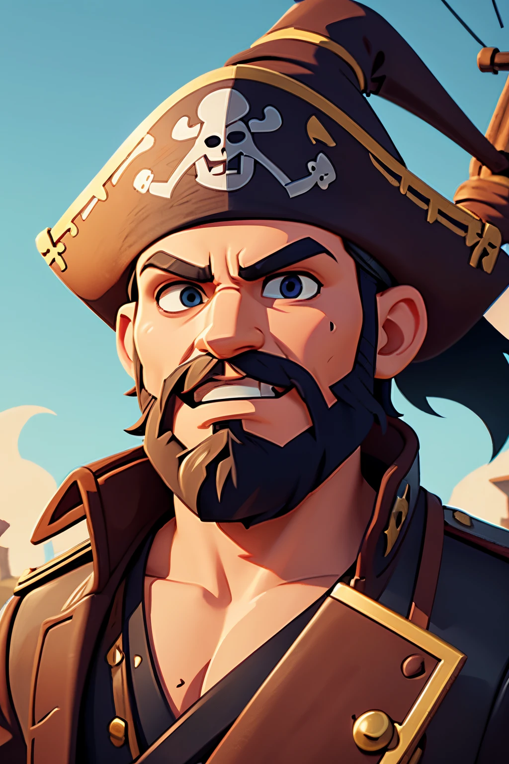 a close-up of a cartoon pirate with a beard and hat, pirate portrait, Sea of Thieves Style, 3d stylized, stylized game art, pirate, a pirate, 3d stylized rendering, inspired by Johannes Helgeson, mobile game art, captain pirate, swashbuckler class pirate, stylized 3d rendering, stylized concept art