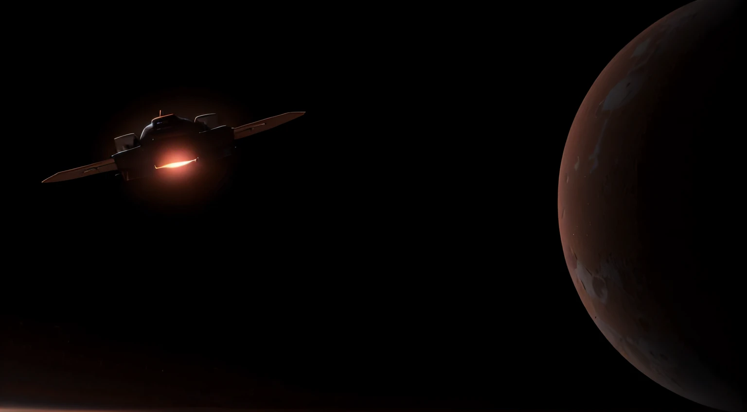 a small alen spaceship flying towards a red, dusty planet
