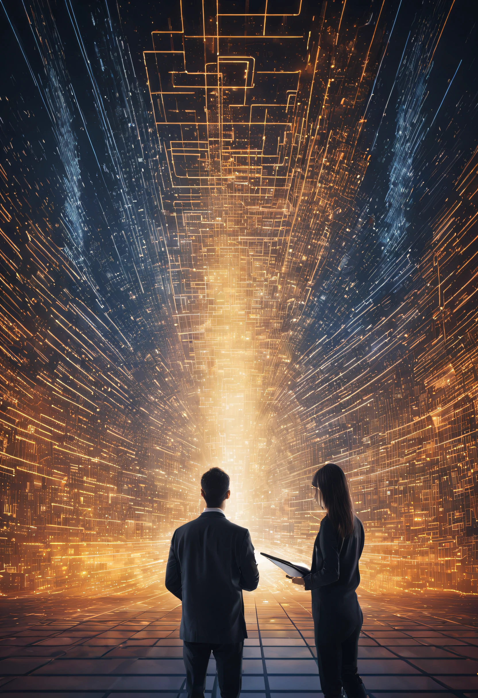 Two people, Data Science and Big Data Technologies. computer scientist, analysis and visualization of a complex data set on a computer. Data collection, artificial intelligence,"