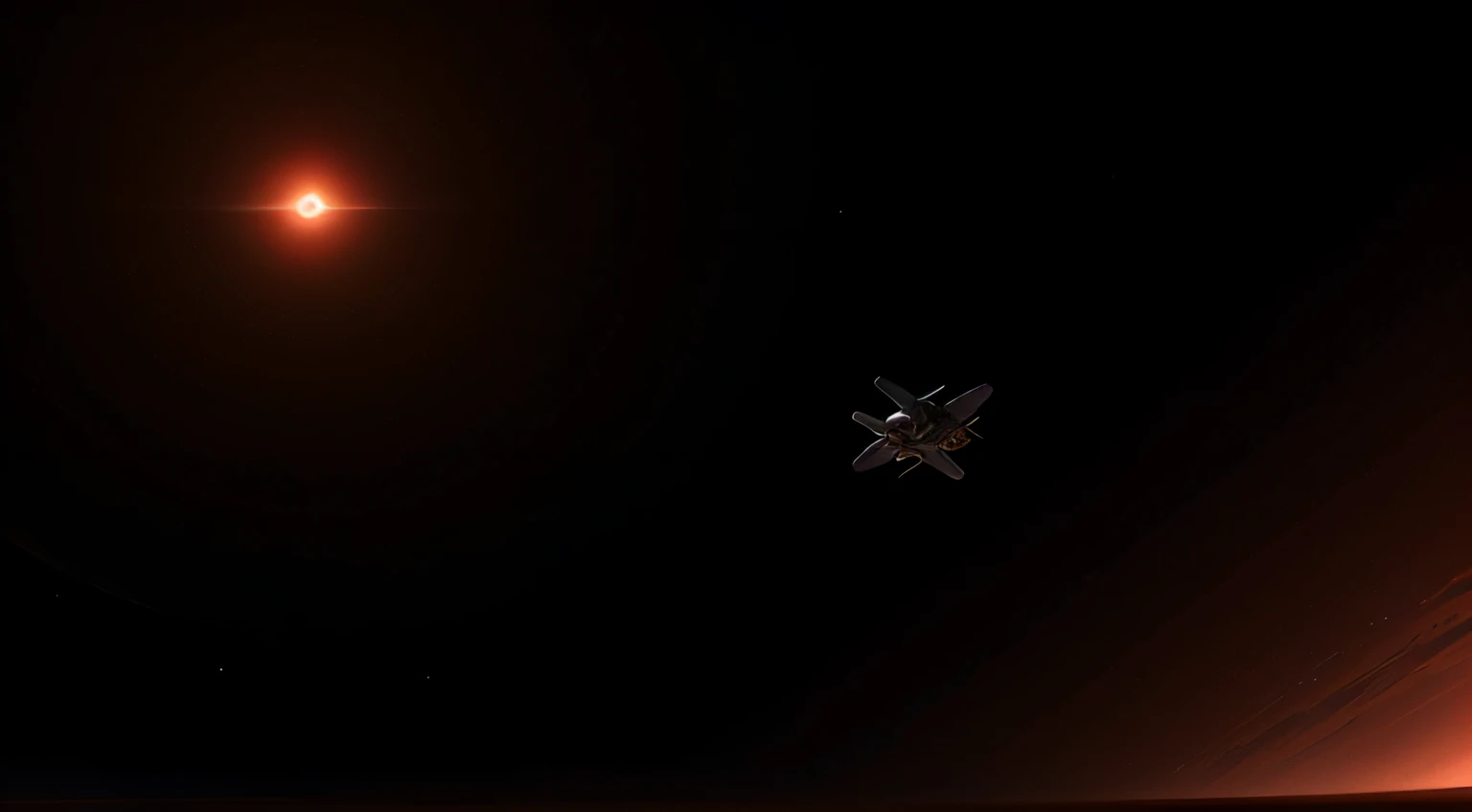 a small alen spaceship flying towards a red, dusty planet