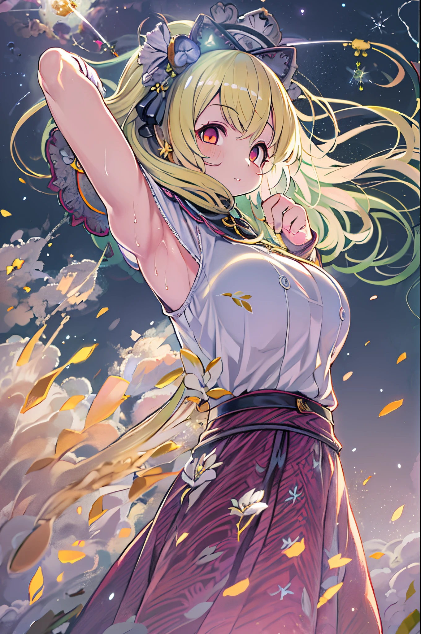 (Best Quality, masutepiece), 1girl in, Pose, Particle, Wind, flower, Upper body, Simple background, Looking at Viewer, Blonde, Galaxy,
