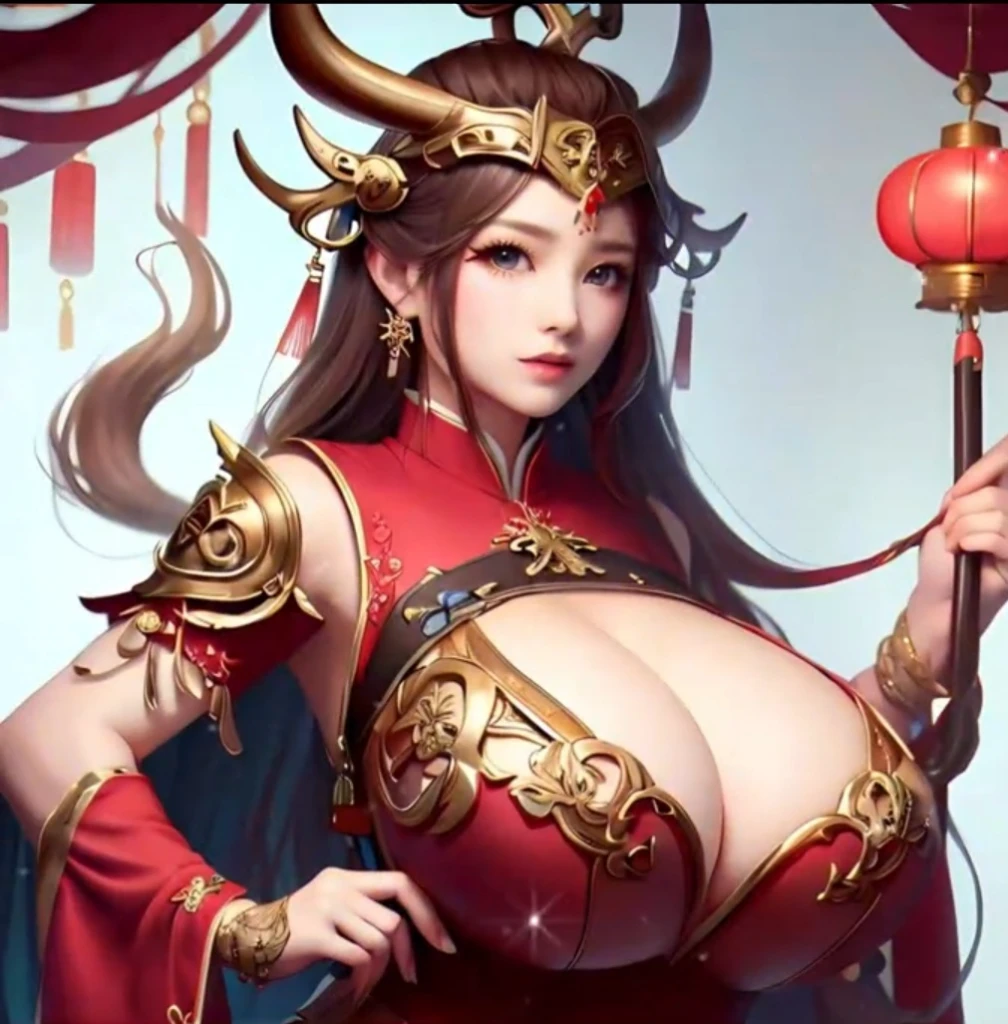 Close-up of woman in red holding red lantern, beautiful fantasy empress, Japan goddess, Very detailed ArtGerm, author：Hero, by Qu Leilei, Powerful busty witch, author：Li Song, by Li Fangying, thicc, author：Yang Jin, by Wuzhun Shifan, author：Russell Dongjun Lu