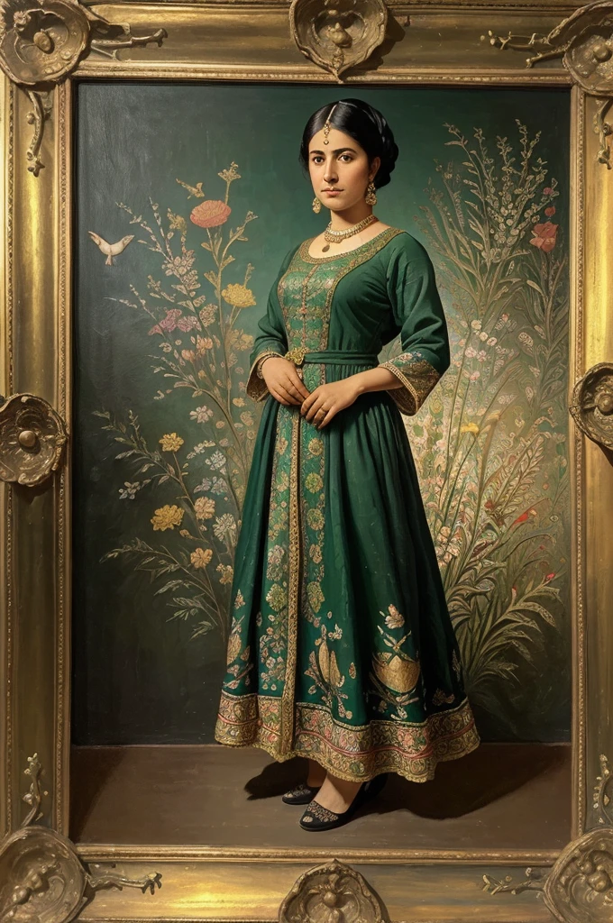 ((full body)) , ((front view)) , Persian Qajar period woman , ((30 years old)) , wrinkle on face ,  , Bright dark face , ((detailed face)) , Rembrandt light , in traditional green dress , fish pattern on dress , ((background contains painting of birds, floral frame )), ((perfect rectangular frame))