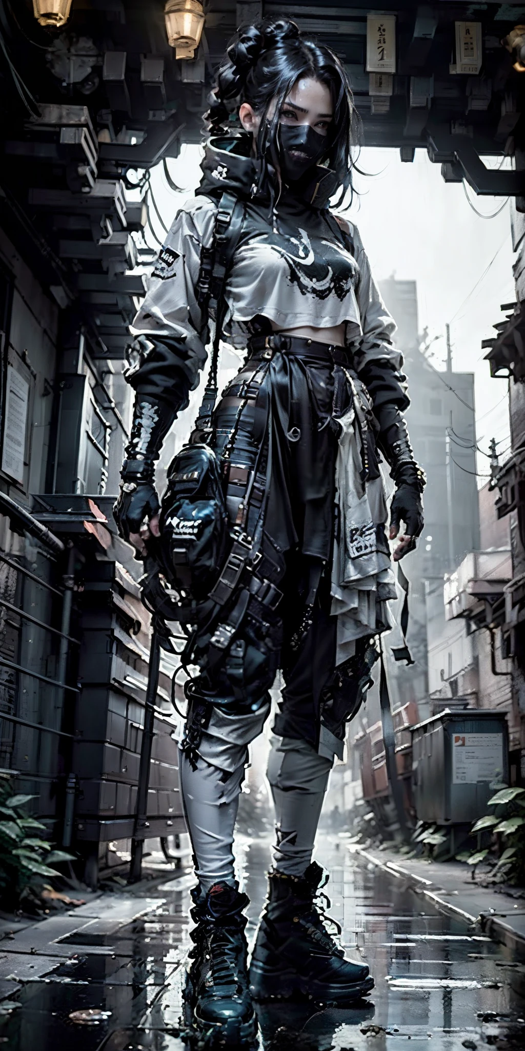 ((Best Quality)), ((Masterpiece)), (Highly detailed:1.3), ..3d, Beautiful (ciberpunk:1.3) Street samurai woman with thick shapeless hair, Guns, worn on the hips, Cinematic lighting, Depth of field.