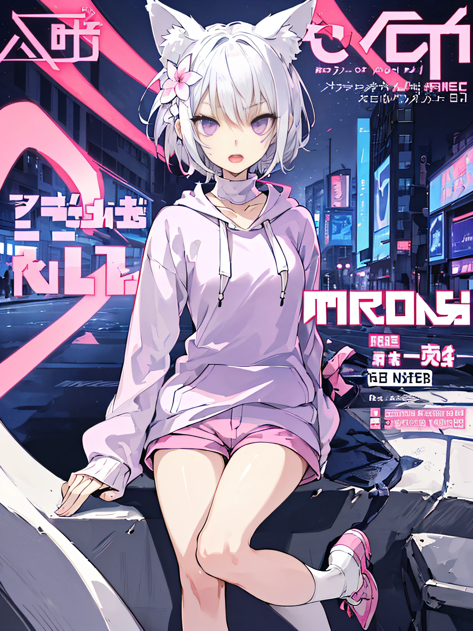 (( cat ears, short hair, silver hair, white hair, purple eyes))(( Braid))(( smile)( open mouth))((( petite girl),( slender body)),))((( wide collar clothes))(( turtleneck hoodie))(( put one's hand in one's pocket))(( pink color clothes)))(( shorts))(( sitting,))(( clearly drawn face))(( beautiful detailed eyes, super detailed skin))(( flower garden, outdoor))
BRAEK
(magazine:1.1), (cover-style:1.3), fashionable, vibrant, outfit, posing, front, colorful, dynamic, background, elements, confident, expression,statement, accessory, majestic, scene, text, cover, bold, attention-grabbing, title, stylish, font, catchy, headline, larger, striking, modern, trendy, focus, fashion,