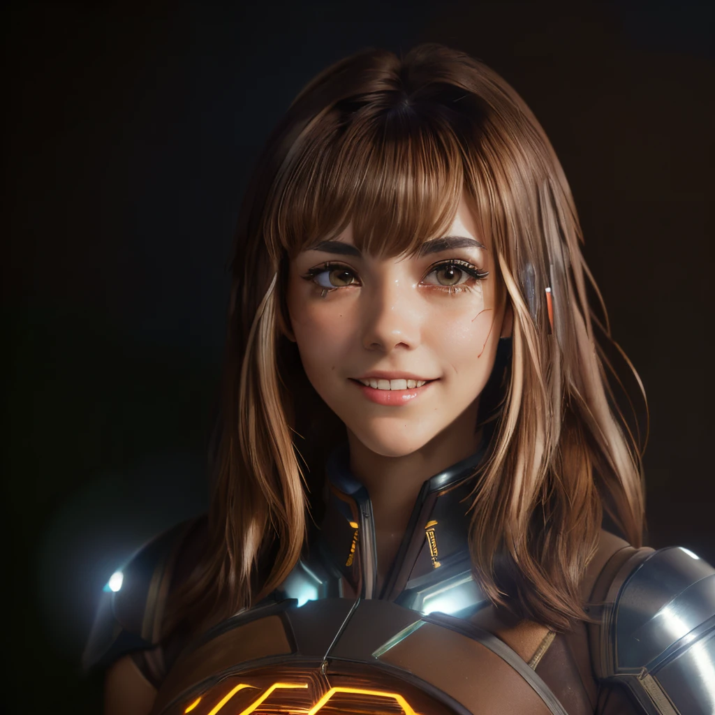 ((masterpiece)), 8k cg, best quality, intricate details, chromatic aberration, ((bust shot)), ((looking at the viewer)), 1girl, Canadian ((Character((Mumei Nanashi)), wide smile, closed mouth, soft lips , brown eyes)), young girl, ************, blush, makeup, strong face features, long lashes, ((long fluffy hair, ((brown hair)), straight bangs)), ((cybernetic armor, god armor)), defined body, petite, (((background(((dark background)), fog))), absurdes