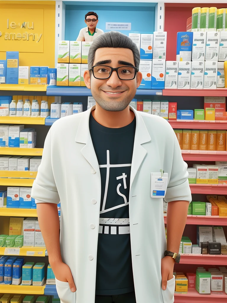 Man with pharmacy experience,  Standing near the pharmacy, altamente detalhado, pharmacy scene, colorless glasses on your face, cabelo grisalho, cabelo de cor clara e grisalho, rosto arredondado, com papada