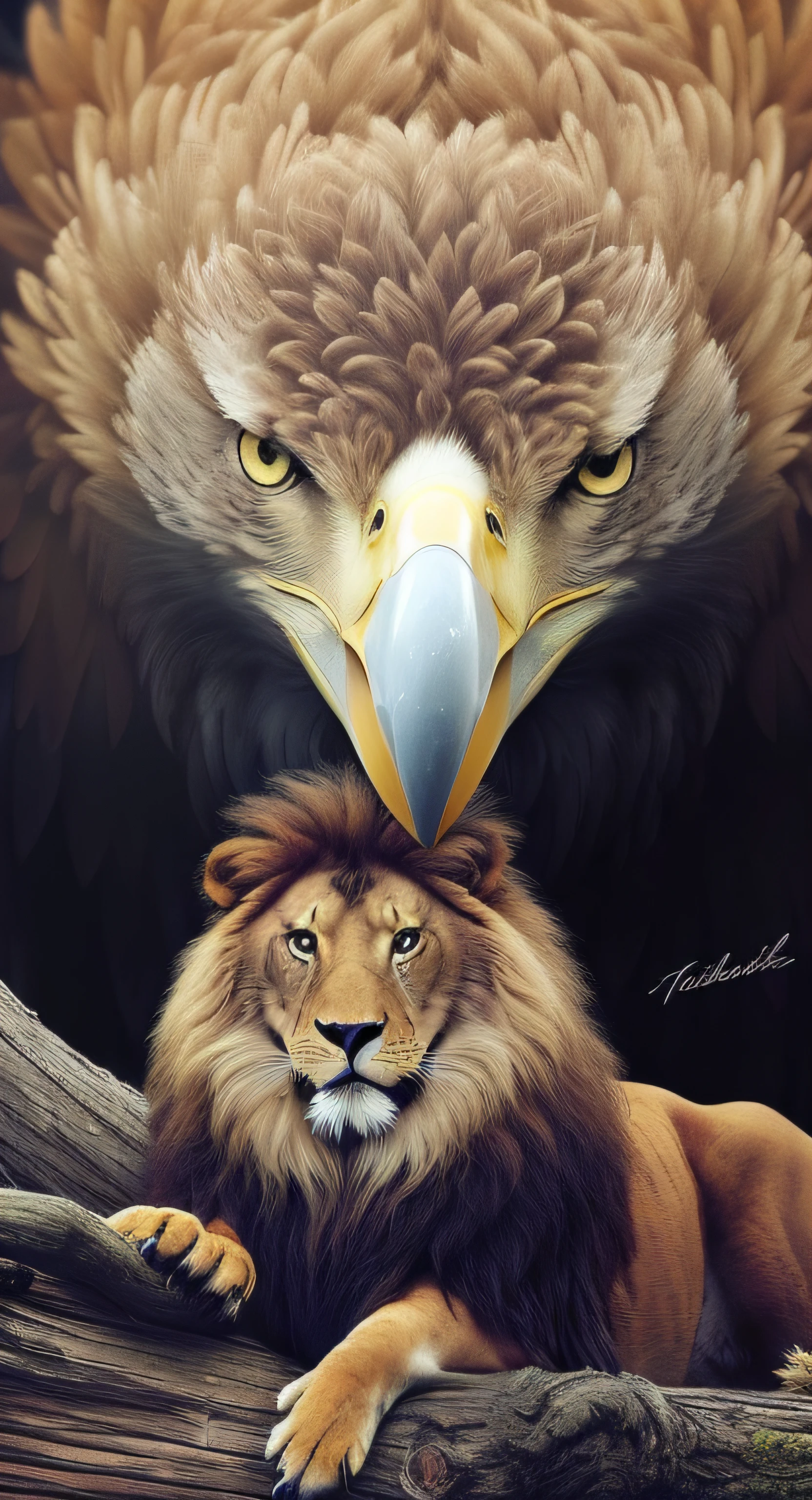 There is a big eagle and a lion lying on a tree branch, majestoso!!! Beautiful!!!, olhar orgulhoso, eagles, Directed by: Tahir Salahov, Falvie, quadro emocional, with the beak of an eagle, beautiful image ever created, arte bonita, Realistic!!!, proud serious expression, fierce expression, realista, disco Rigido, 4k, high resolution