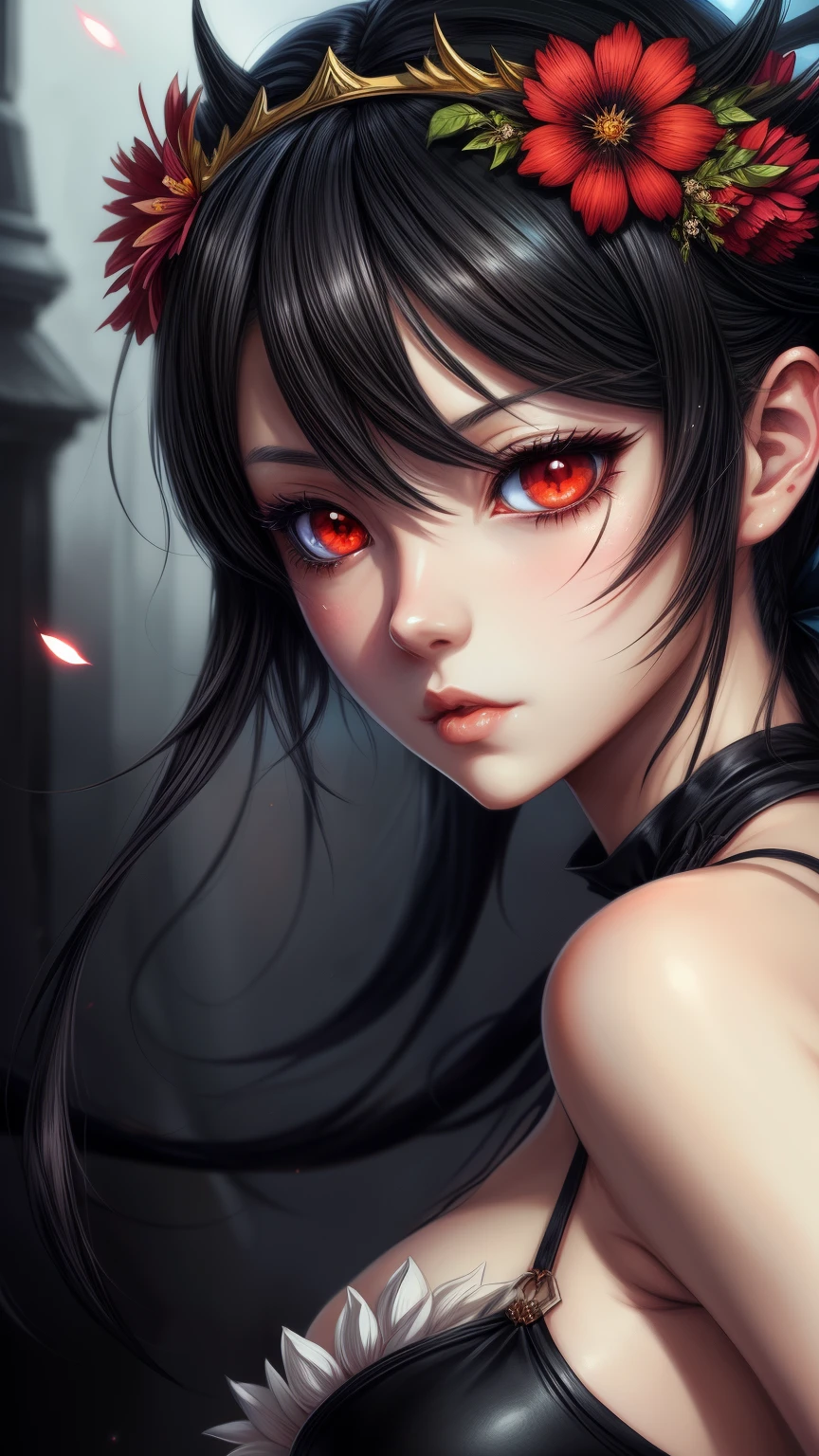 anime girl with black hair and red eyes wearing a flower crown, artwork in the style of guweiz, guweiz, detailed portrait of anime girl, Beautiful anime portrait, demon anime girl, detailed digital anime art, portrait of an anime girl, gothic maiden anime girl, made with anime painter studio, stunning anime face portrait, beautiful anime girl