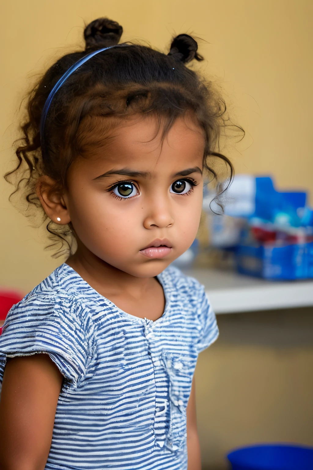 girl from Gaza with tan skin, brown eyes, and brown hair in a messy ponytail. Her eyes are large and sad