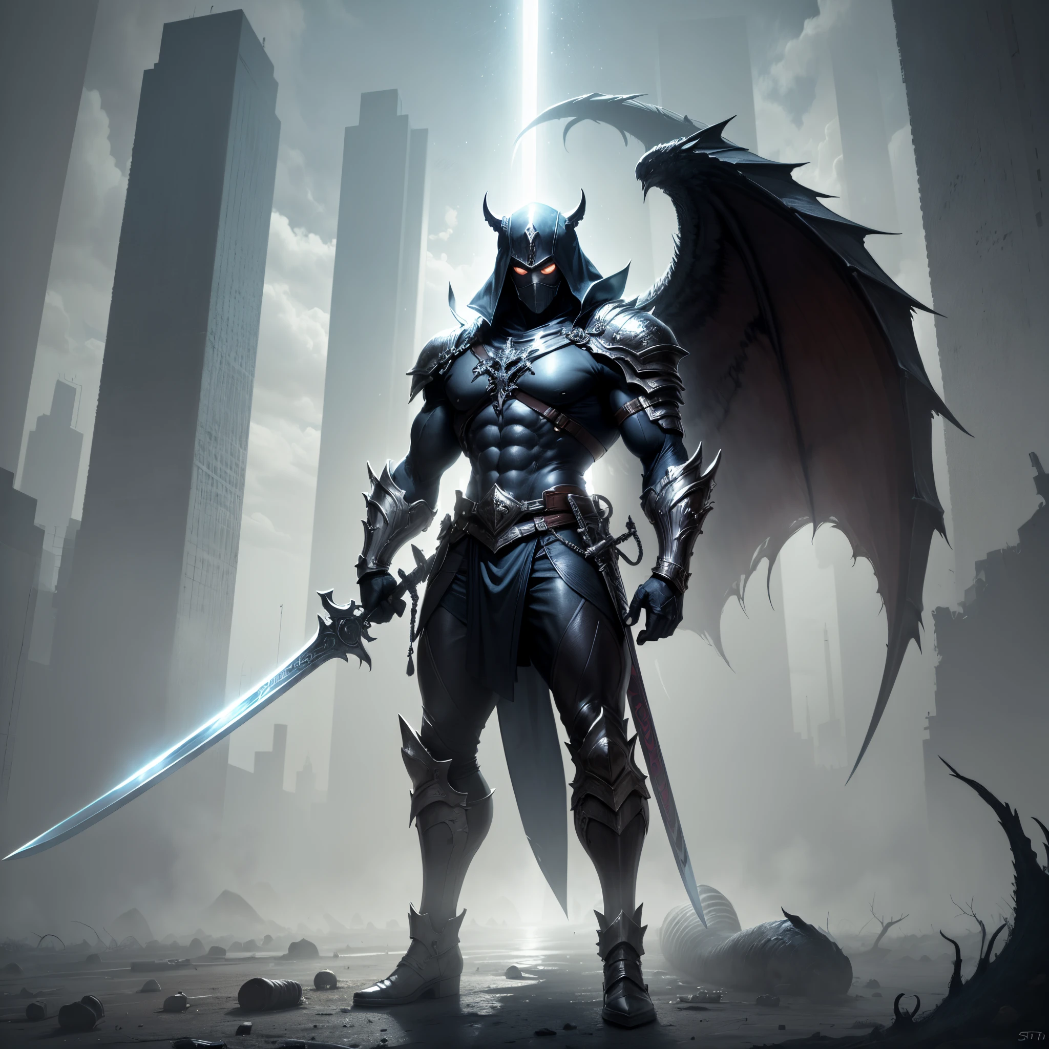man wearing black clothes like a shadow on top of a lot of dead monsters with a huge sword and a perfect body structure --auto --s2